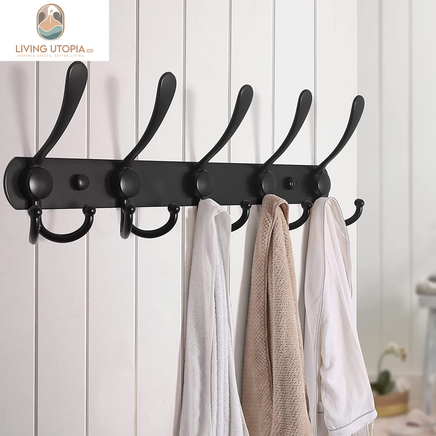 Coat Rack Wall Mounted - 5 Tri Hooks, Heavy Duty, Stainless Steel, Metal Coat Hook Rail for Coat Hat Towel Purse Robes Mudroom Bathroom Entryway (Black, 2 Packs)