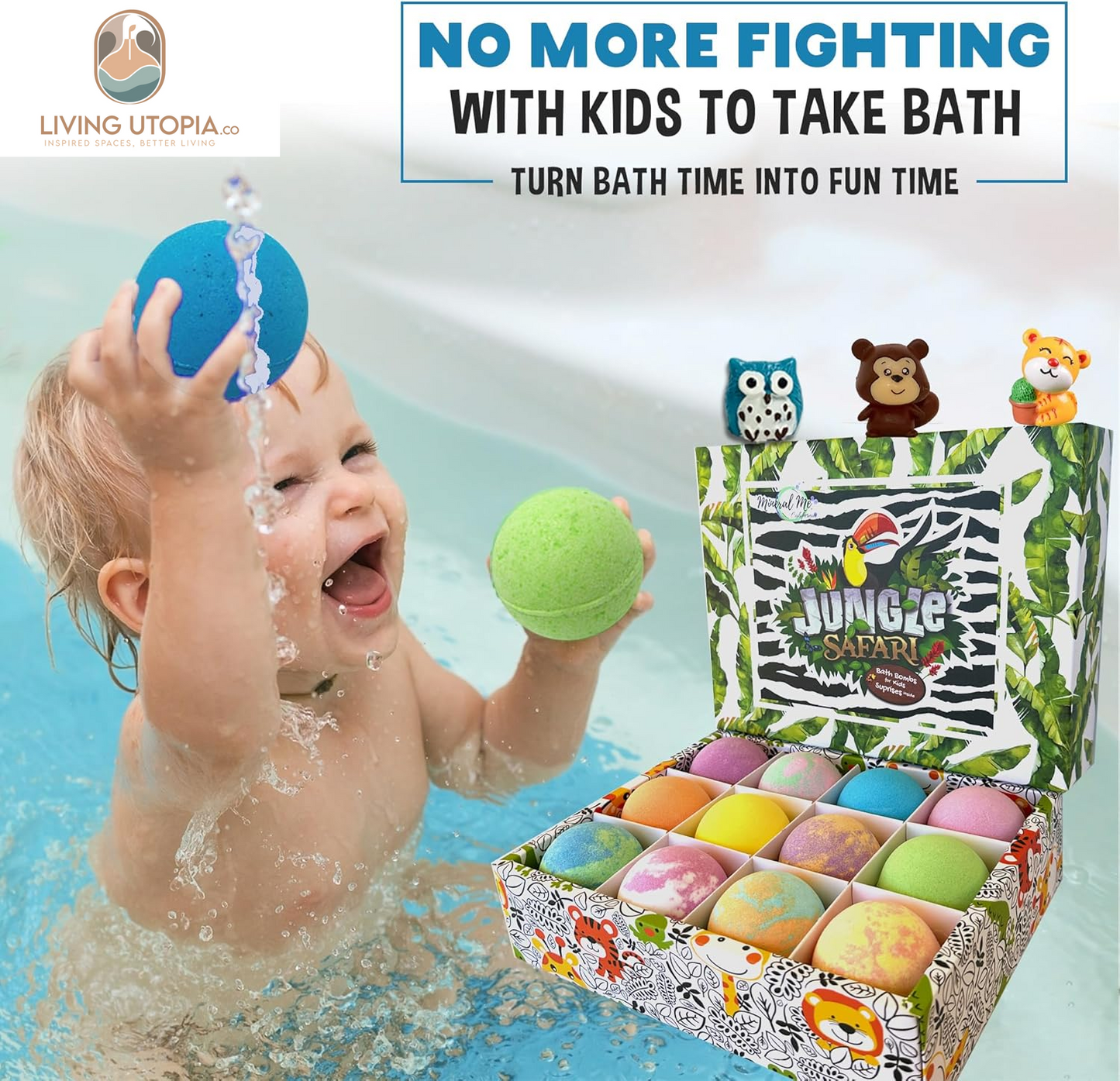 Bath Bombs for Kids with Surprise Inside, 12 Organic Bubble Bath Fizzies with Jungle Animal Toys. Moisturizing, Gentle & Kids Safe, Rainbow Spa Bath Fizz, Birthday Gifts for Kids, Boys, Girls