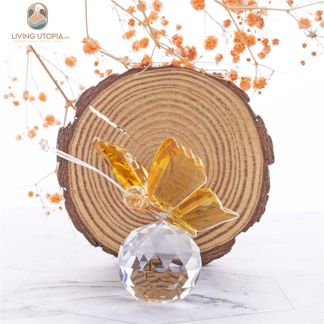 Crystal Flying Butterfly with Crystal Ball Base Figurine Collection Cut Glass Ornament Statue Animal Collectible (Yellow)