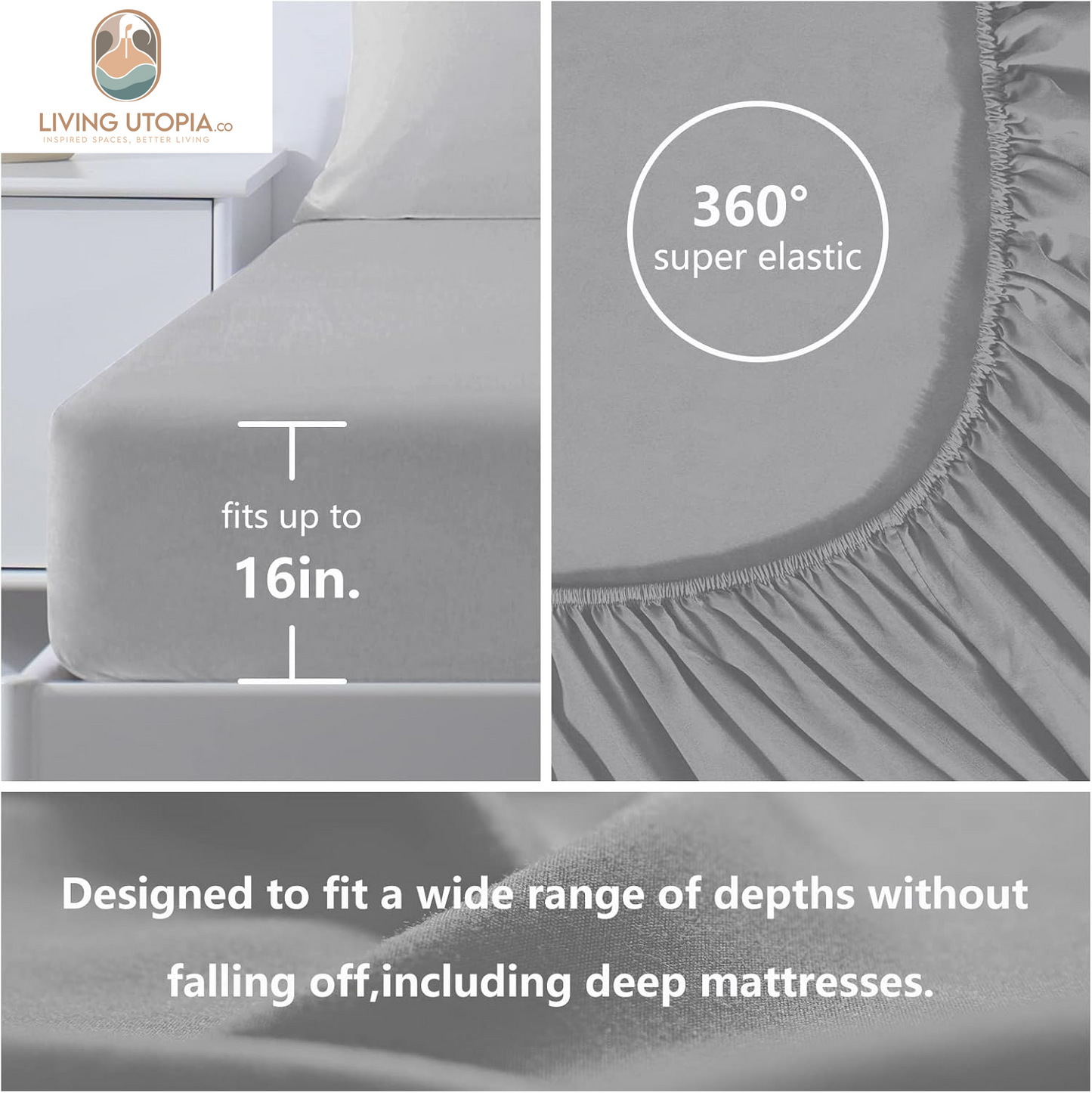 Full Bed Sheets Set 1800 Series 4-Piece Embroidered Double Brushed Microfiber Sheets 16" Deep Pocket Hotel Soft Luxury Bedding Sheet Set, Wrinkle Resistant, Light Grey/Gray