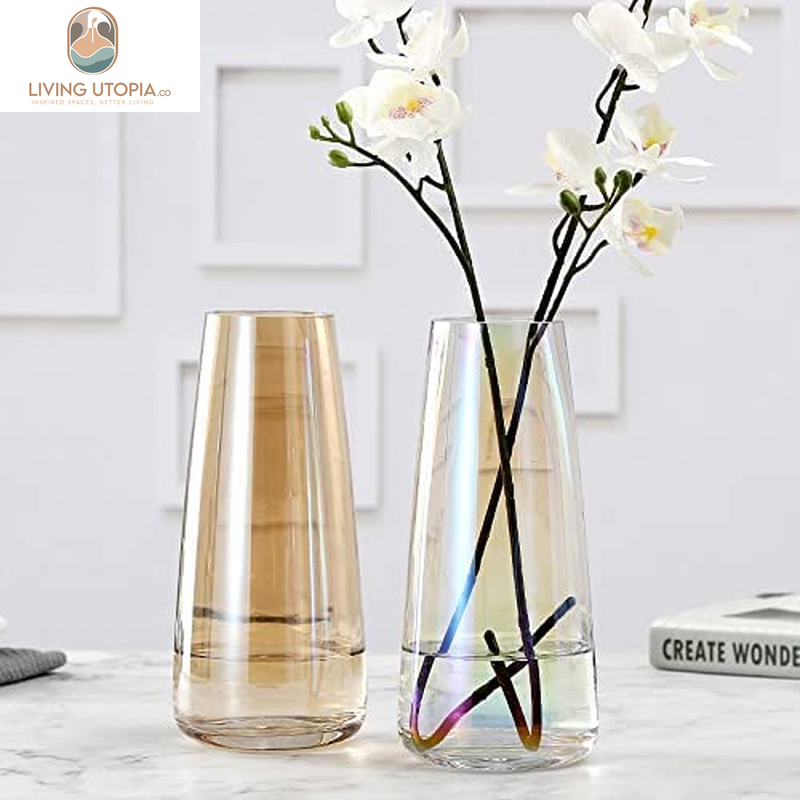 Glass Vase for Flowers Modern Vases Home Decor Unique Flower Vase for Bouquet 8.7" Centerpiece Vase Decor Room,Living Room,Library,Office,Table,Entryway,Modern Farmhouse(Iridescent Clear)