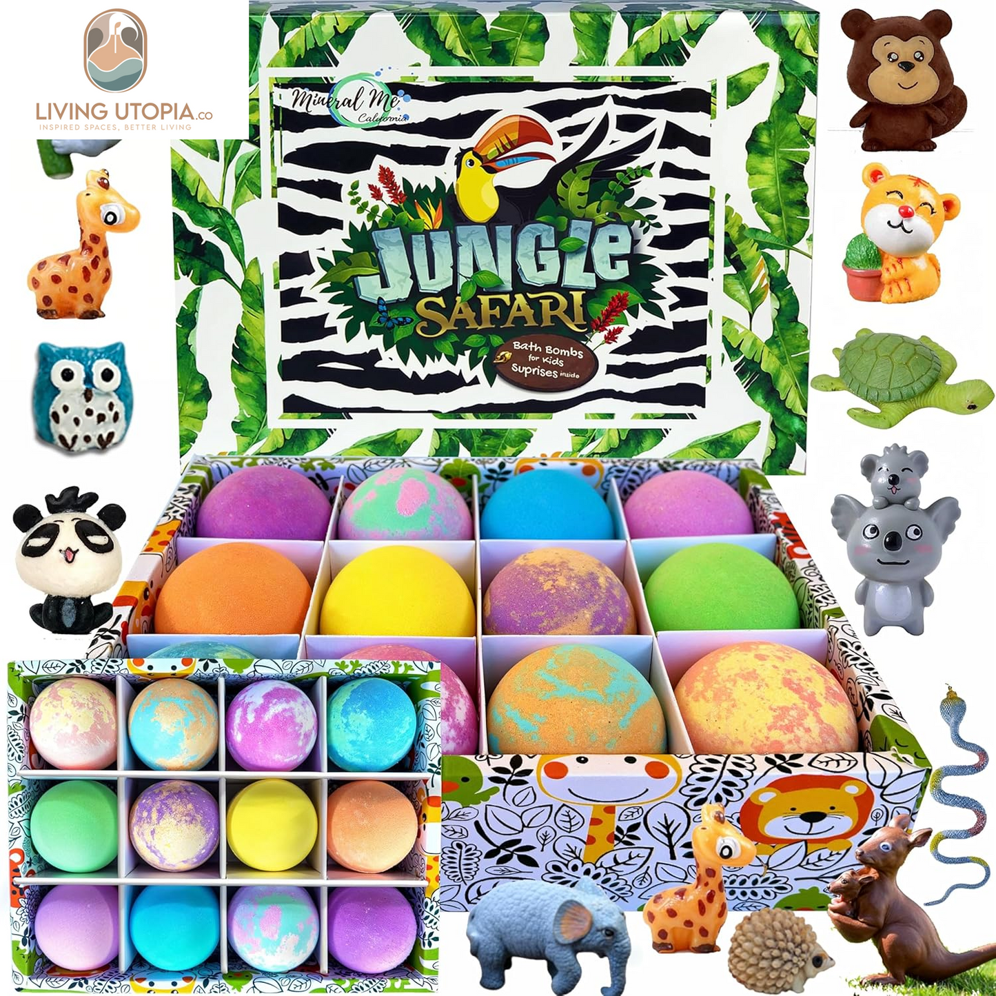 Bath Bombs for Kids with Surprise Inside, 12 Organic Bubble Bath Fizzies with Jungle Animal Toys. Moisturizing, Gentle & Kids Safe, Rainbow Spa Bath Fizz, Birthday Gifts for Kids, Boys, Girls
