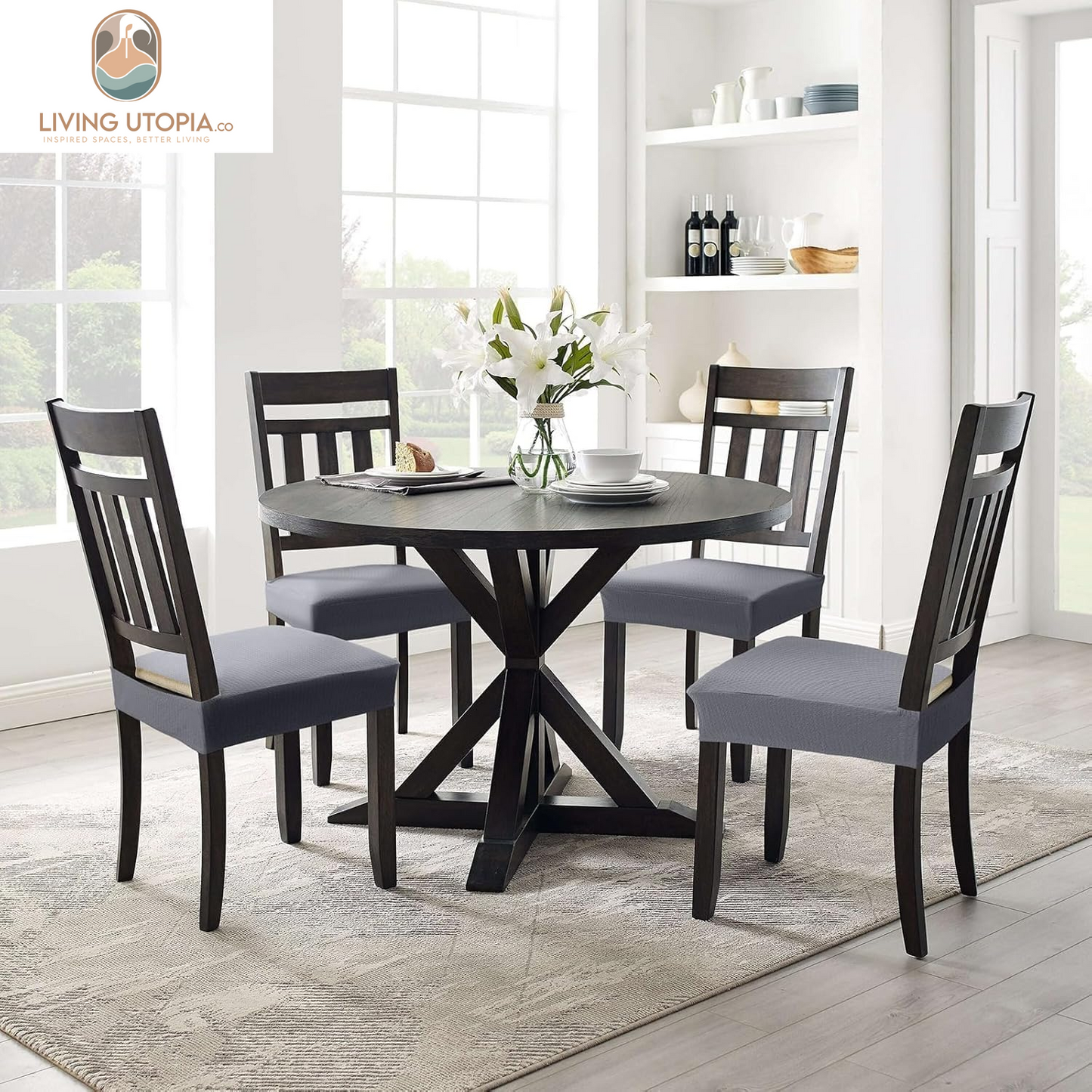 Stretch Jacquard Seat Covers for Dining Room Chairs Set of 6, Removable Washable Chair Seat Protector Slipcovers, No Rear Covers, Grey