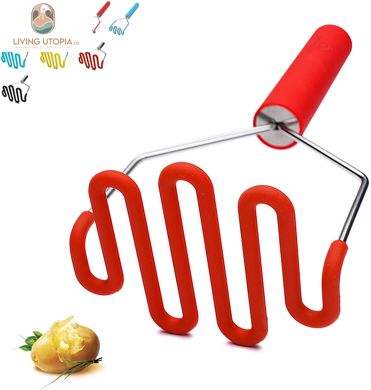 Potato Masher - Silicone Protect Body with Premuim Stainless Steel Non-Scratch Cookware for Smooth Mashed Potato Vegetables and Fruits Color Red