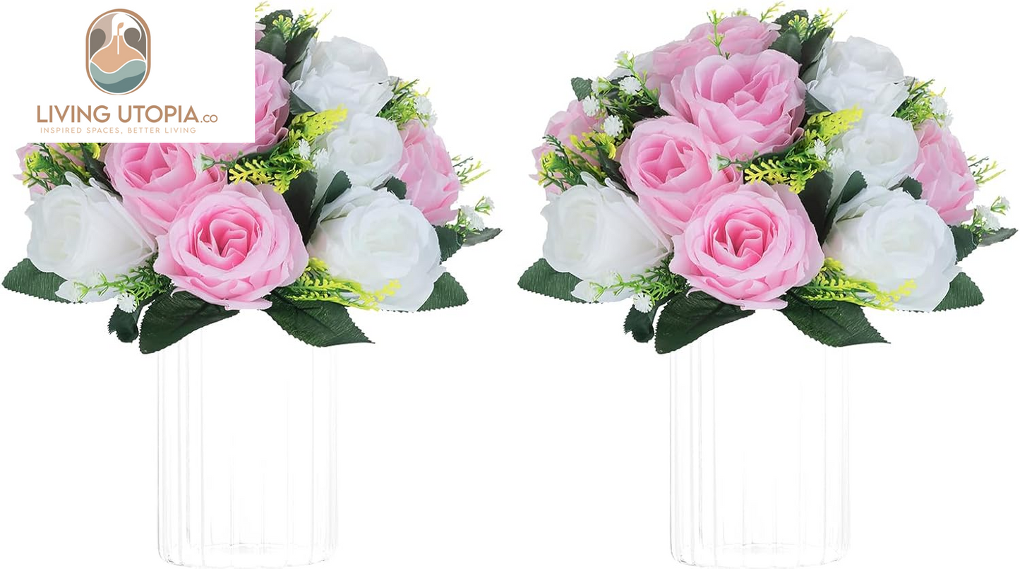 Pcs of 2 Fake Flower Ball Arrangement Bouquet,15 Heads Plastic Roses with Base, Suitable for Our Store'S Wedding Centerpiece Flower Rack for Parties Valentine'S Day Home Décor (Pink & White)