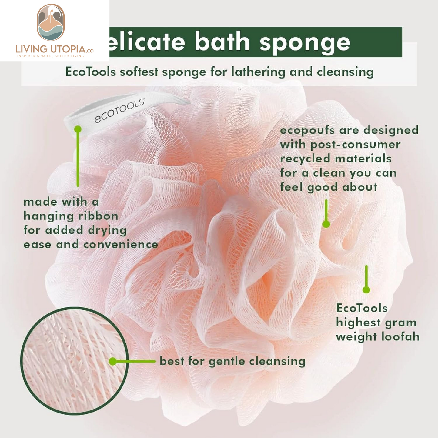 Delicate Ecopouf Bath Sponge, Made with Recycled Materials, Exfoliating Bath Pouf, Loofah for Shower & Bath, in Assorted Colors, Green, White, Pink, and Gray, Perfect for Men & Women, 6 Count