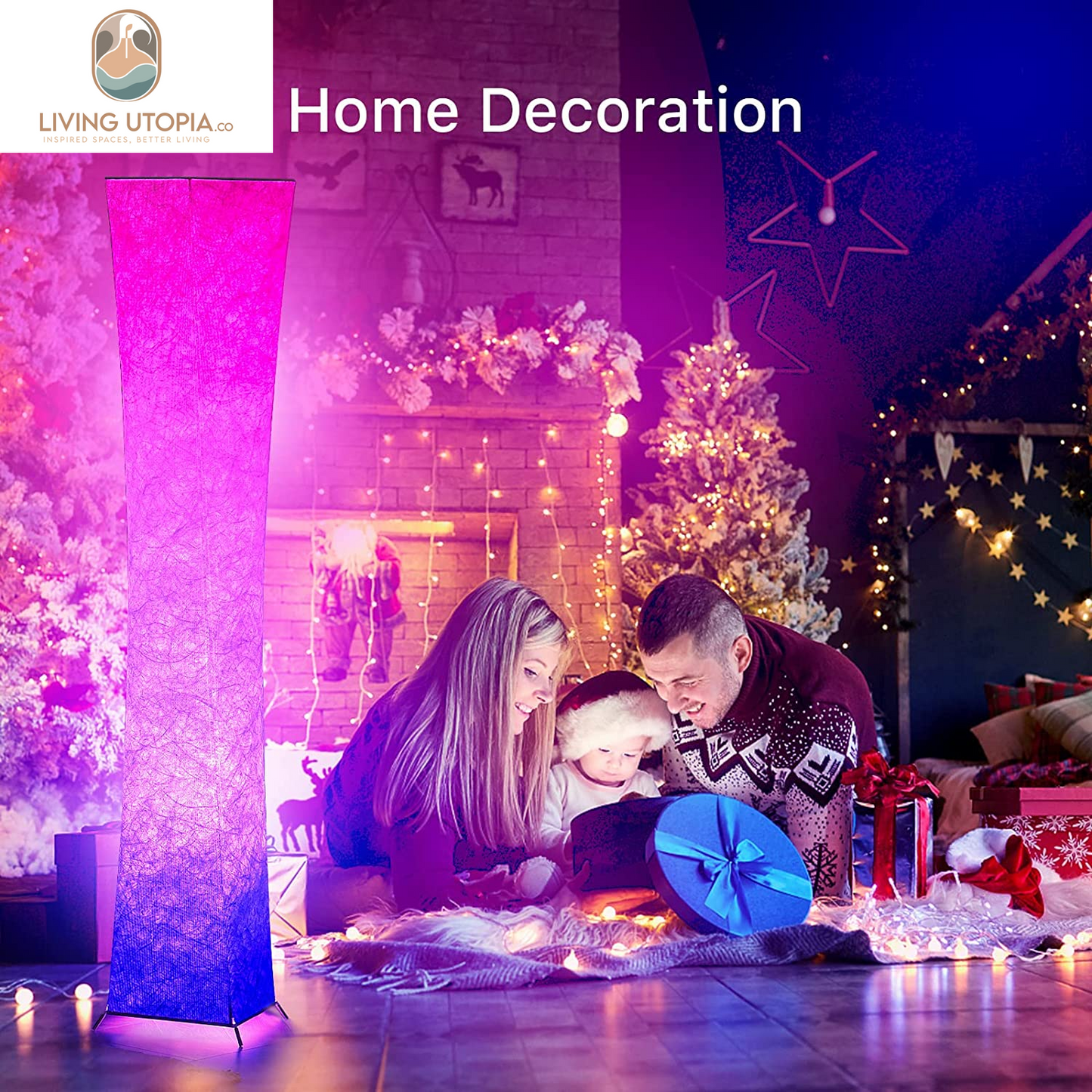 Floor Lamp, 52"(S) Standing Lamp, RGB Color Changing LED Bulbs, Adjustable Brightness Color Temperature, Purple Grandient Fabric Lampshade, for Living Room, Bedroom, Kids Room