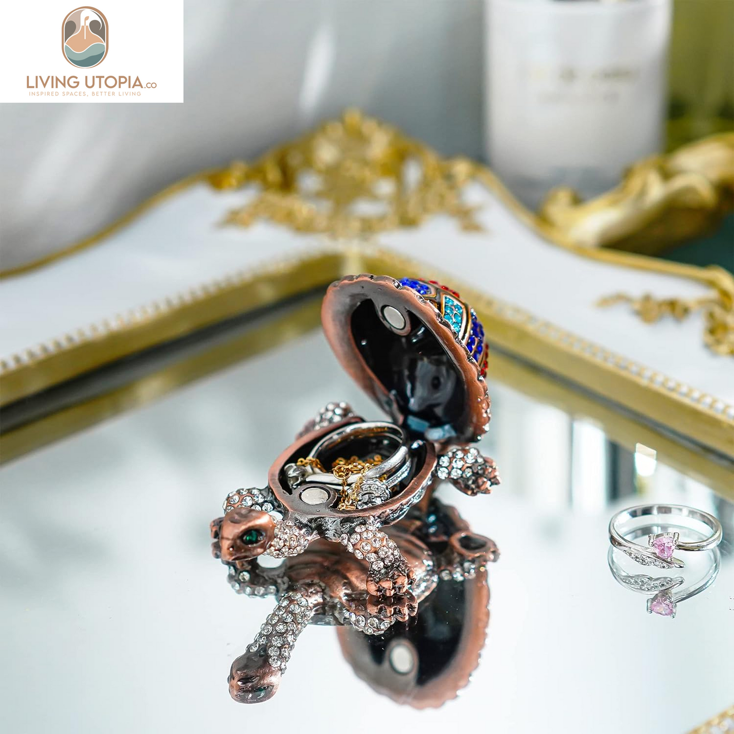 Vintage Turtle Jewelry Trinket Box Hinged,Hand-Painted Sea Animal Figurine Collectible Enamel Sea Turtle Ring Holder Crystal Studded Treasure Keepsake Box (2.5Inch,Colorful)