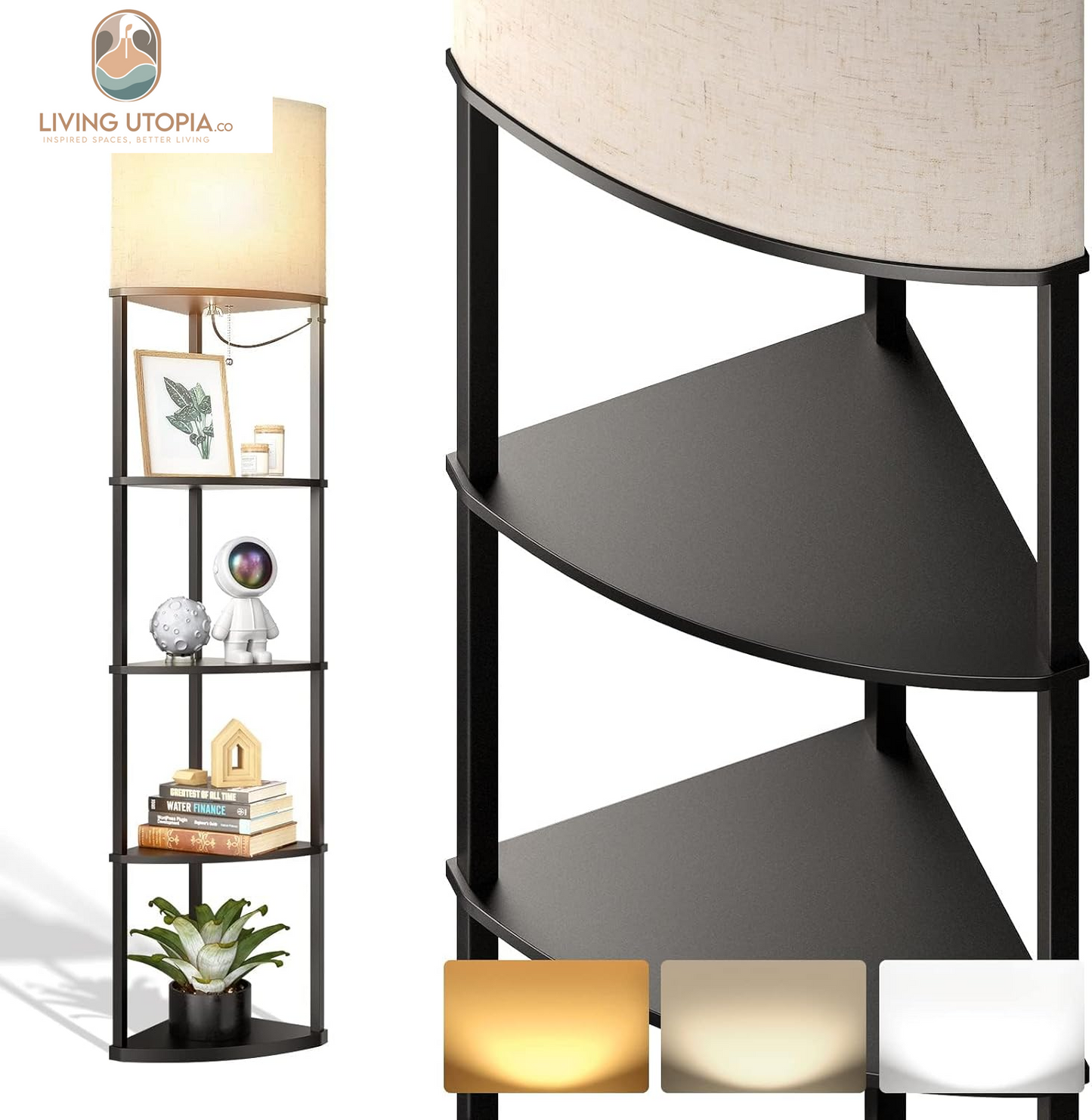 Corner Lamp 5-Tier Shelf Floor Lamp Display with 3 Color Temperatures LED Bulb and Linen Lamp Shade, Shelves for Living Room, Bedroom and Office - Black