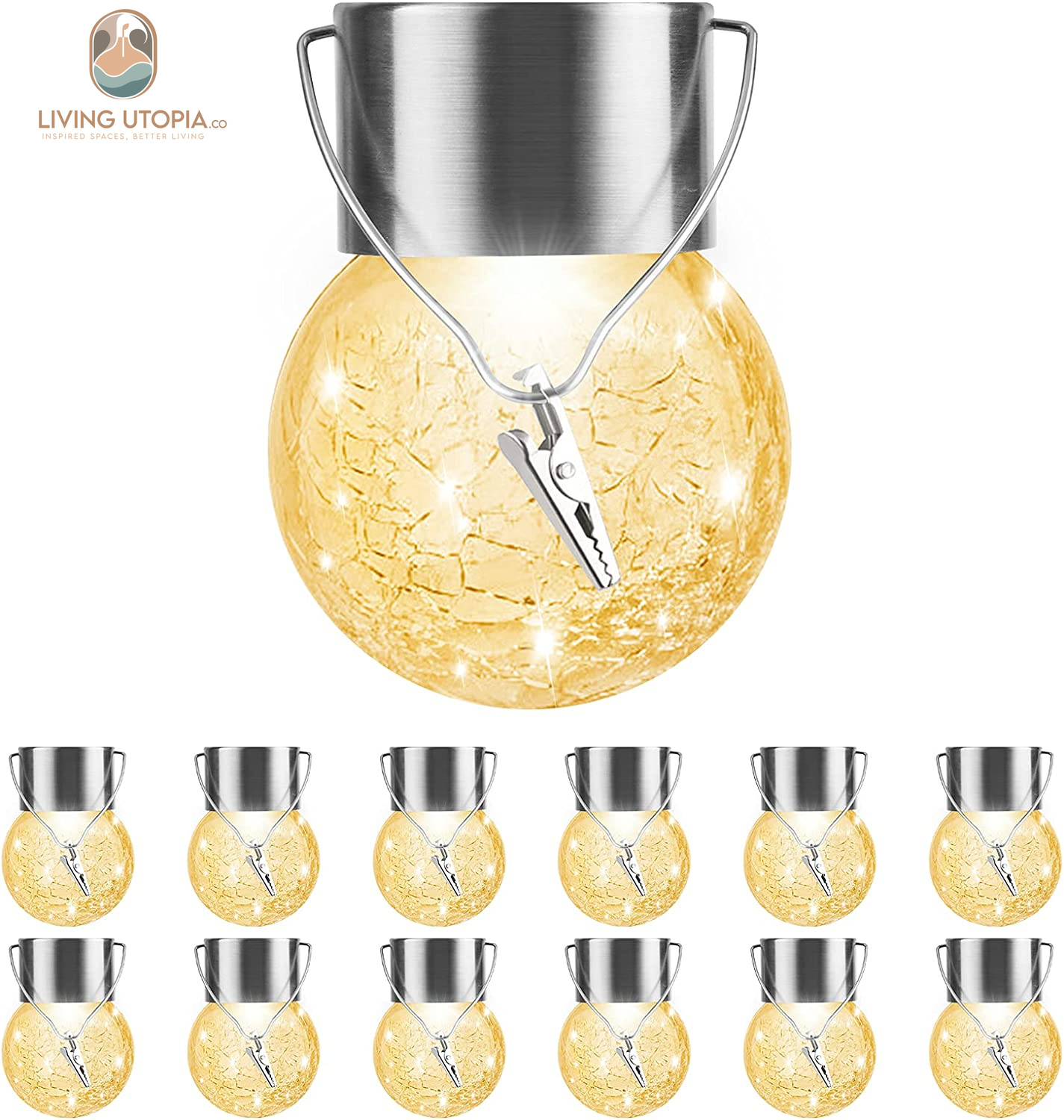Solar Lights Outdoor Decorative 12 Pack, Hanging Solar Garden Lights Waterproof, Solar Powered Globe Lantern Cracked Glass Ball Lights for Yard Patio Fence Tree Umbrella Holiday Decoration,Warm White