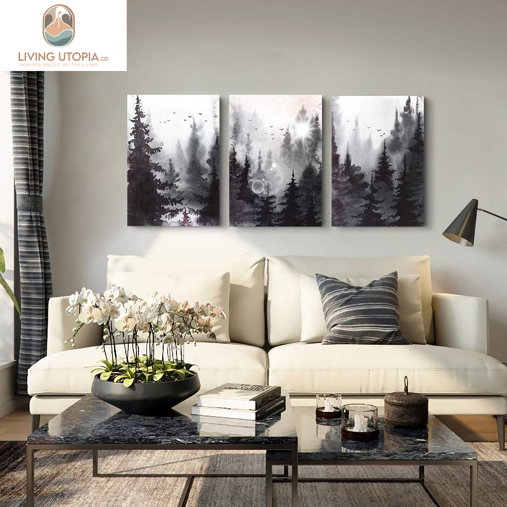 Scenery Watercolor Painting 3 Pieces Canvas Wall Art for Living Room Wall Decor for Bedroom Decorations Modern Office Home Decoration Black and White Forest Landscape Posters Canvas Prints Artwork