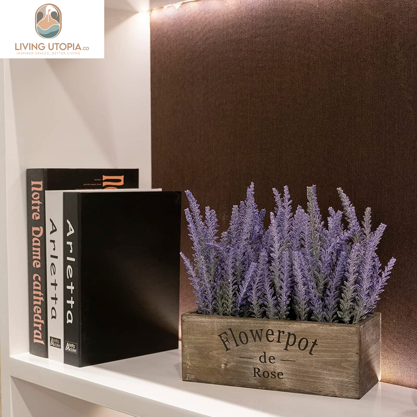 Purple Artificial Lavender Flowers with Decorative Tray Wooden Box 9 Inches - Lifelike Faux Lavender Plants for Home and Office Decor, Fake Lavender Rustic Farmhouse Style