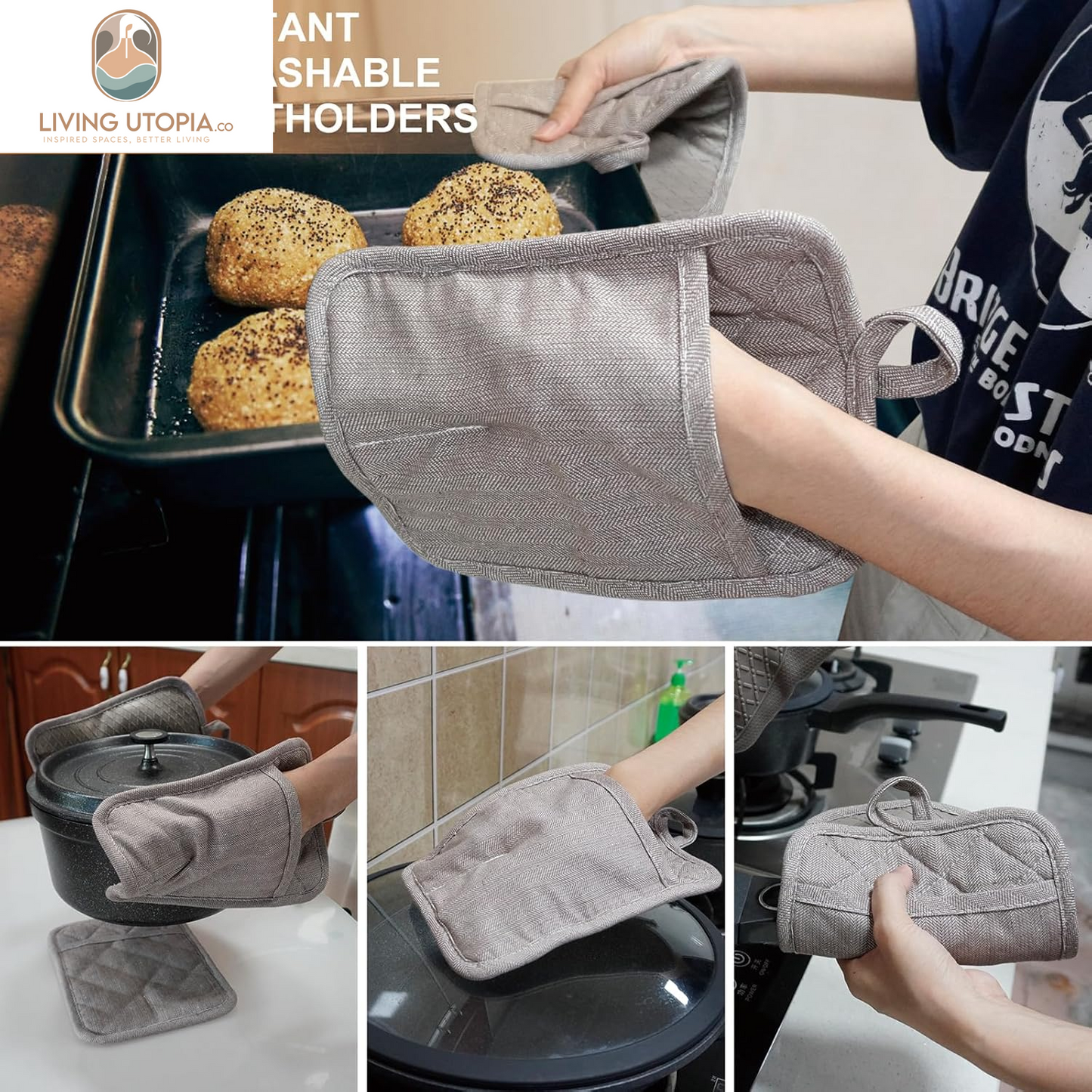 Pot Holders Yarn-Dyed Set of 3 Non Slip Silicone Kitchen Lines Heat Resistant 500℉ Kitchen Gloves BBQ Cooking Baking Cooking Barbecue Microwave Machine Washable (Khaki Pot Holders)