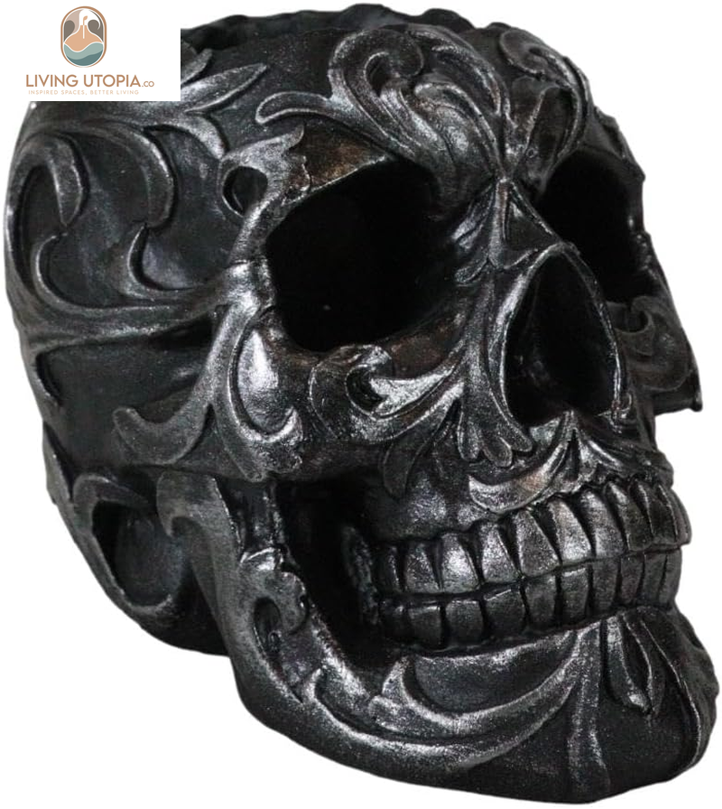 Set of 2 Tribal Tattoo Floral Skull Pen Holder Figurine 5.75" L Office Desktop Ossuary Skulls Decor Cranium Skeleton Head Stationery Holder as Halloween Macabre Graveyard Spooky Statue