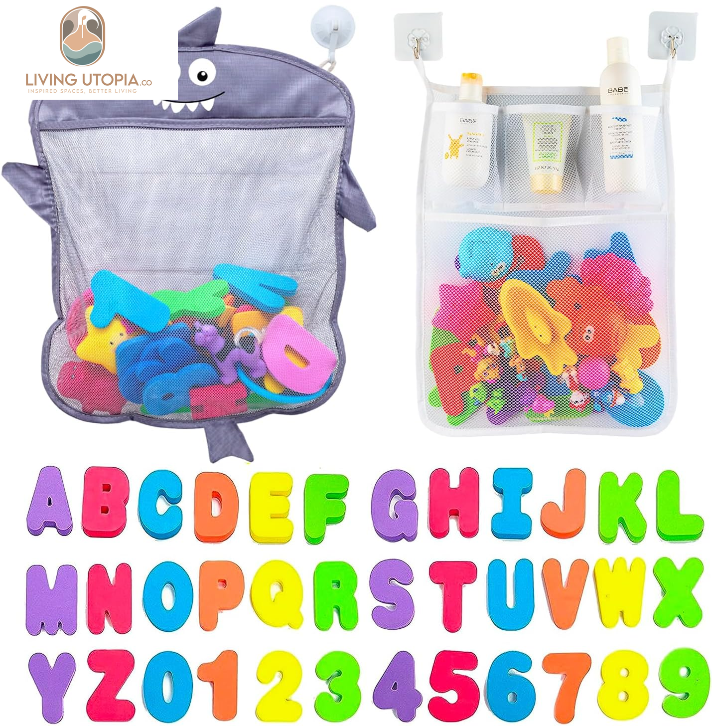 Baby Bath Toy Organizer - Shark +36 Bath Letters & Numbers +Extra Bath Toy Storage Net & 10 Strong Hooks, Great Bath Net for Kids, Cute Bathtub Toy Organizer and Bath/Shower Caddy Solution