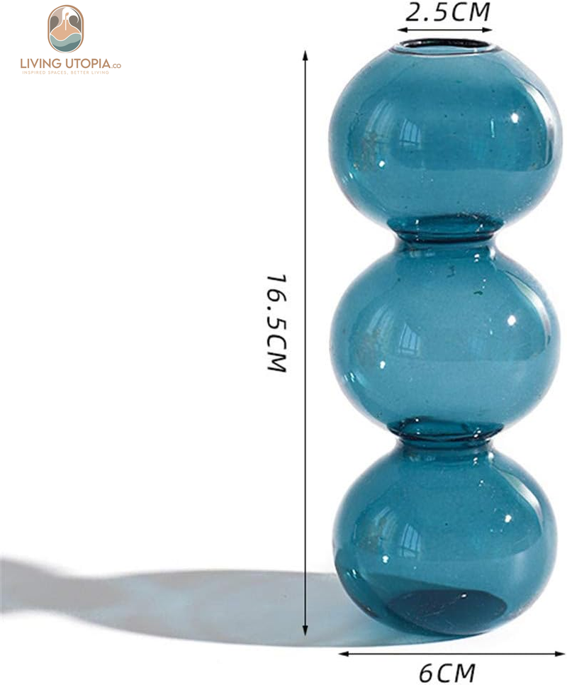 Hydroponic Flower Vase, Three Balls 6.5” Tall Transparent Plant Glass Pots, Suitable Weddings/Party/Events/Decorating Home Office or Dinning/Living Room(Blue)