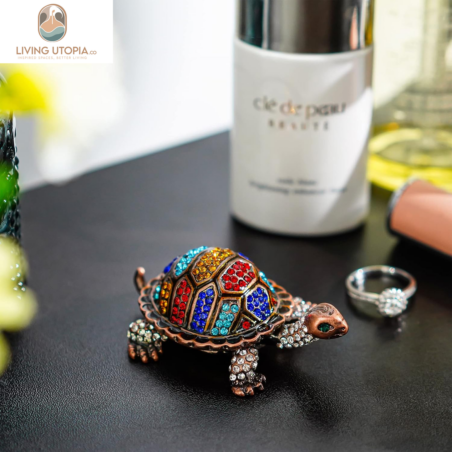 Vintage Turtle Jewelry Trinket Box Hinged,Hand-Painted Sea Animal Figurine Collectible Enamel Sea Turtle Ring Holder Crystal Studded Treasure Keepsake Box (2.5Inch,Colorful)