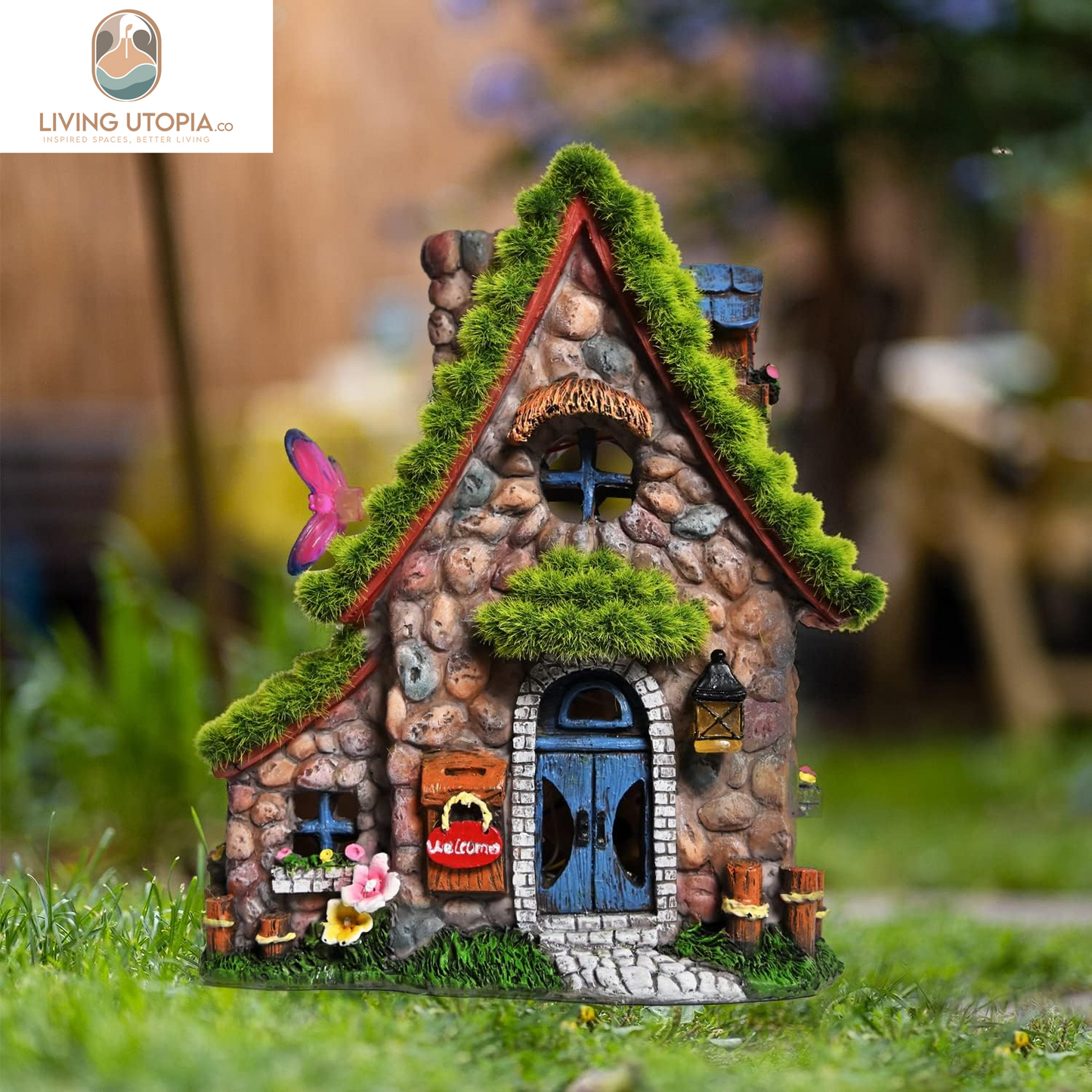 Resin Fairy House Statues with Solar Powered Lights, Funny Garden Sculptures with Flocked and Cobblestone Decor, Exquisite Garden Cottage Figurines
