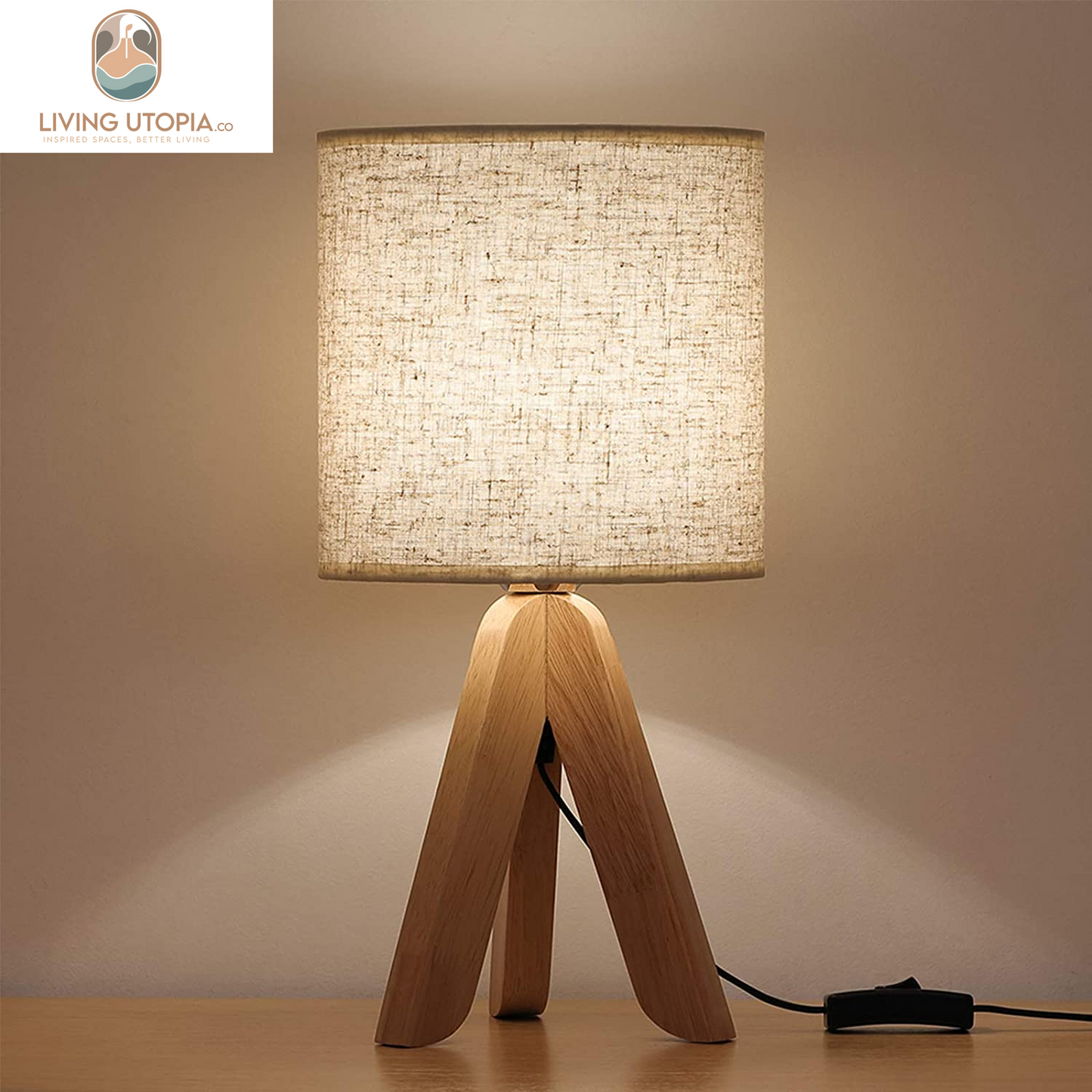 Small Bedside Table Lamp - Wooden Tripod Nightstand Lamp for Bedroom, Living Room, Office, Home with Fabric Linen Shade - 13.4 Inches (Without Bulb)