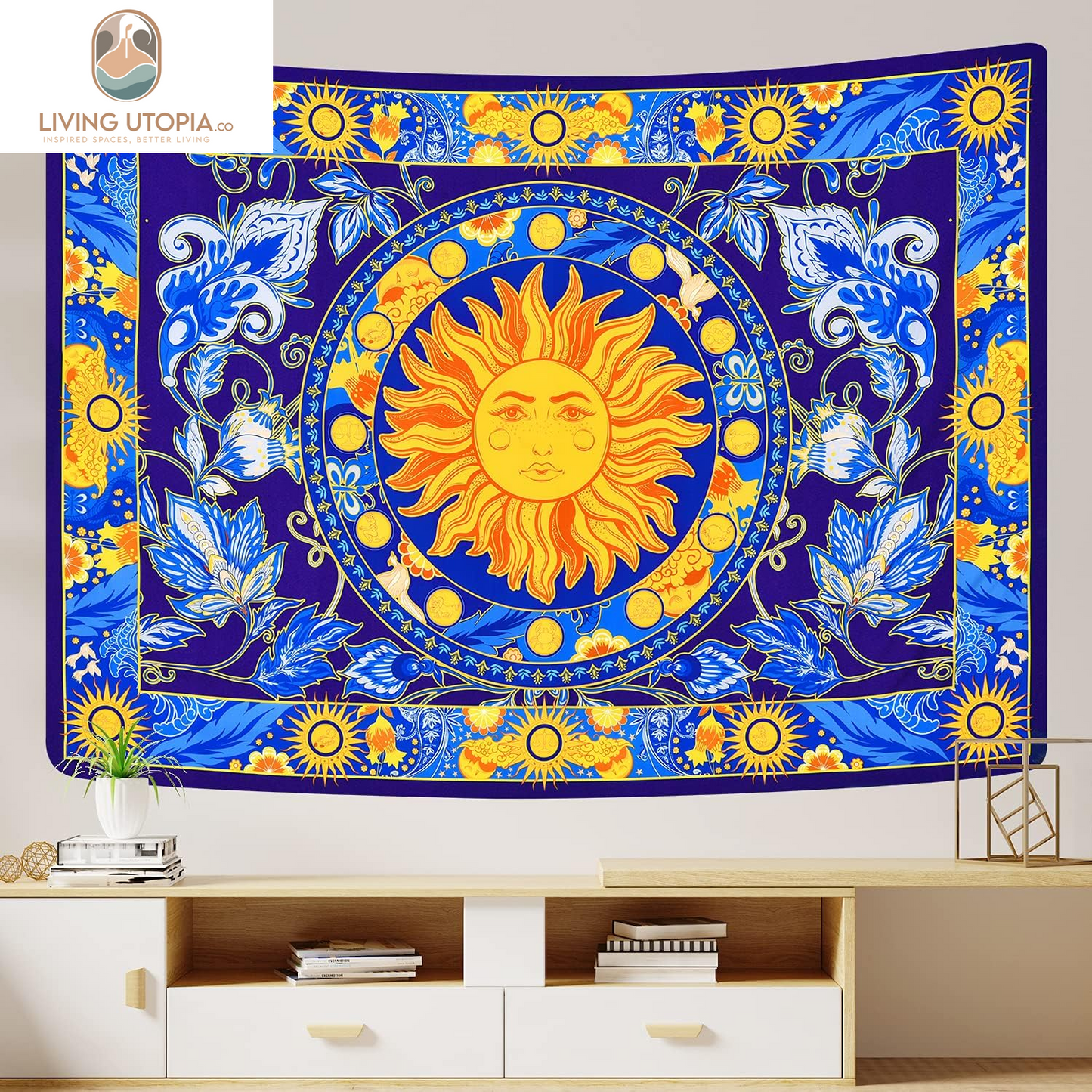 Burning Sun Tapestry Flower Vines Tapestries Vintage Floral Tapestry Mystic Tapestry Hippie Tapestry Wall Hanging for Room(Blue, 51.2 X 59.1 Inches)