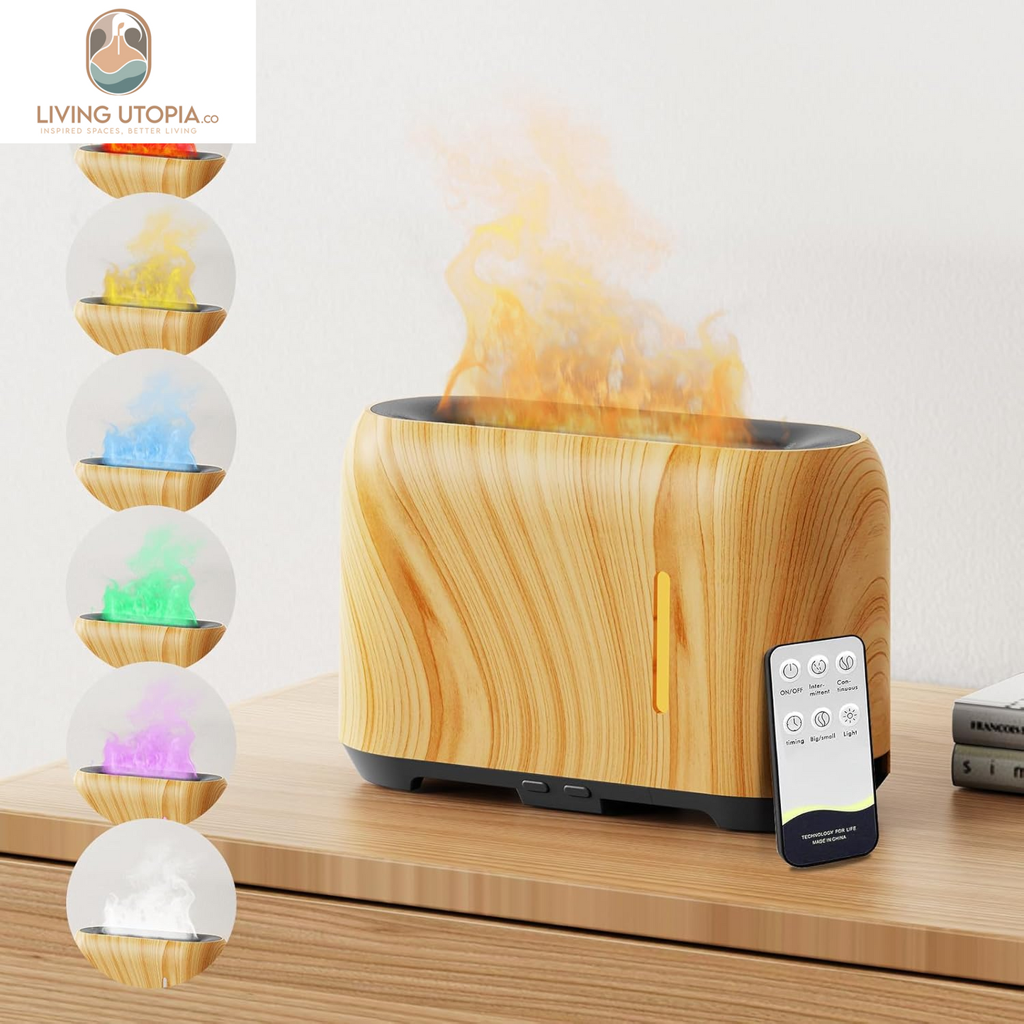 Upgraded Flame Essential Oil Diffuser, Aromatherapy Air Diffuser with Remote Control, RGB Fire Cool Mist Scent Diffuser/Humidifier for Home Office with Timer, 2 Mist Modes, Auto Off-White Birch