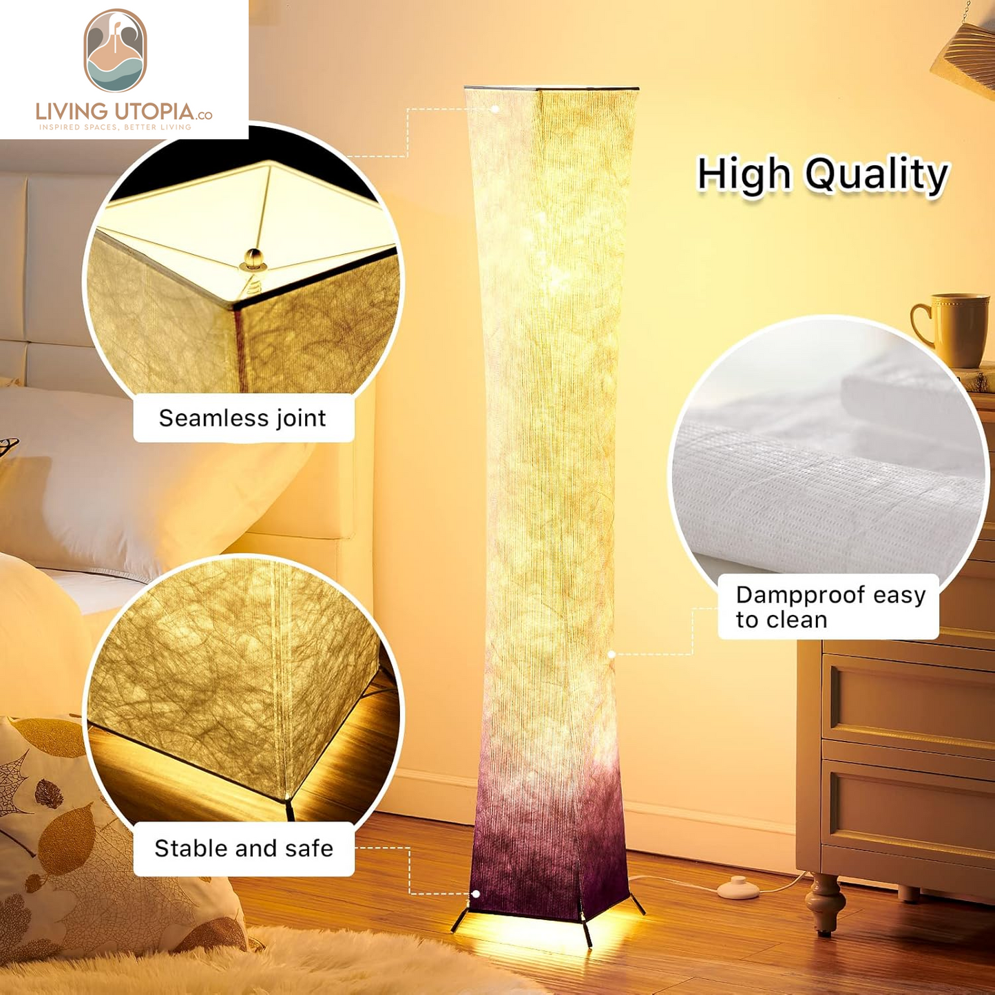 Floor Lamp, 52"(S) Standing Lamp, RGB Color Changing LED Bulbs, Adjustable Brightness Color Temperature, Purple Grandient Fabric Lampshade, for Living Room, Bedroom, Kids Room