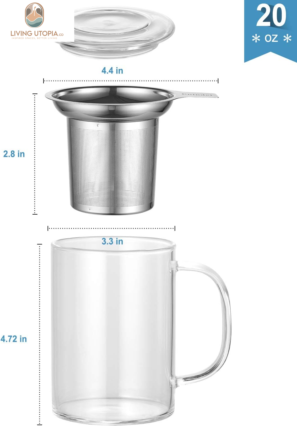 3020.05 Glass Tea Mug with Infuser and Lid, Tea Cup, Clear, 20 OZ, GM005