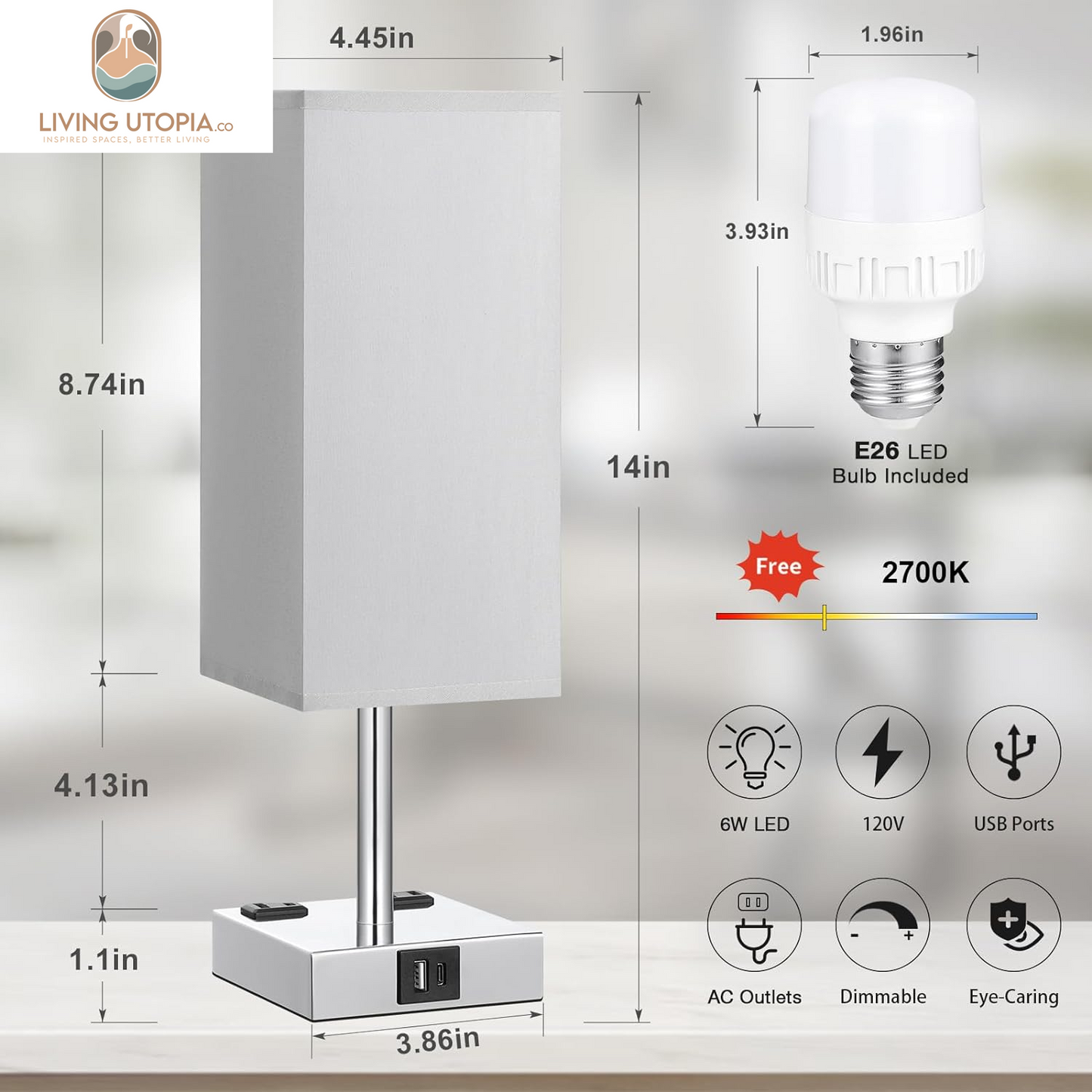 【Upgraded】Bedside Table Lamp Touch Control, with USB C+A Charging Ports & Dual AC Outlets, 3-Way Nightstand Lamp for Bedroom with Lampshade Living Room Office(Led Dimmable Bulb Included)