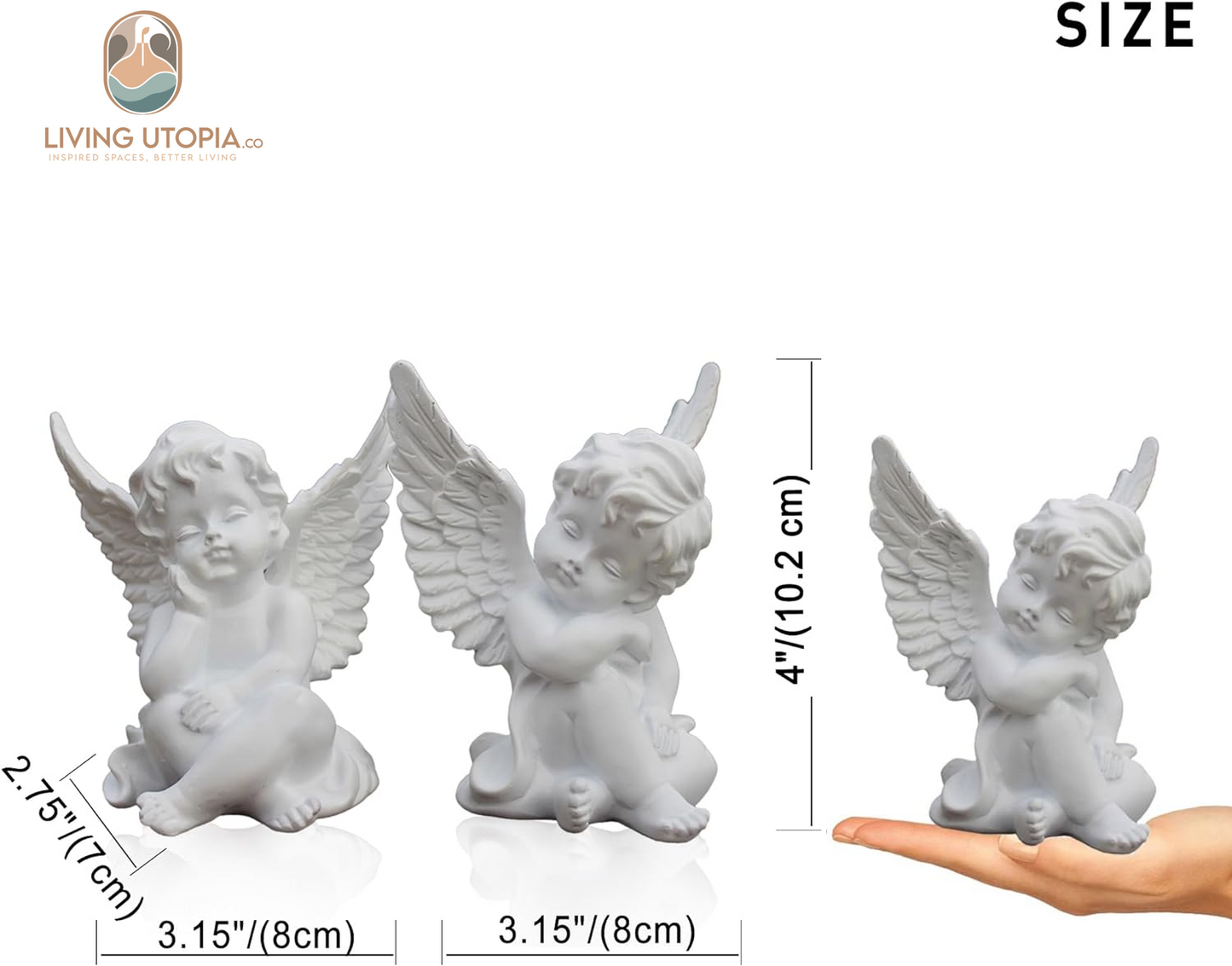 Set of 2 Cherubs Angels Resin Statue Figurine, Indoor Home Decoration, Adorable Angel Sculpture Memorial Statue 4" - White