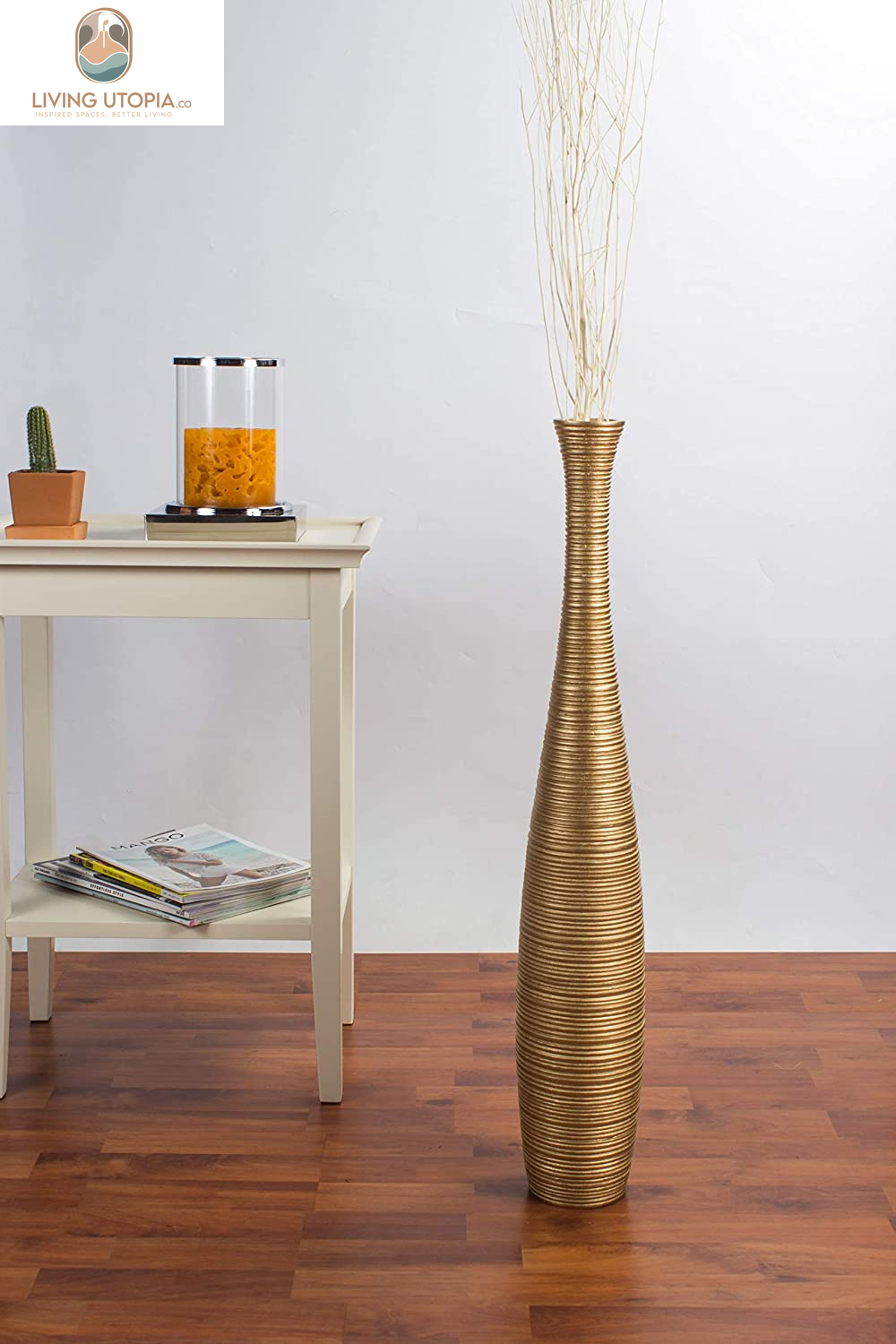 Large Floor Vase – Handmade Flower Holder Made of Wood, Sophisticated Tall Vase for Decorative Branches, Pampas Grass and Dried Flowers, 28 Inches, Gold
