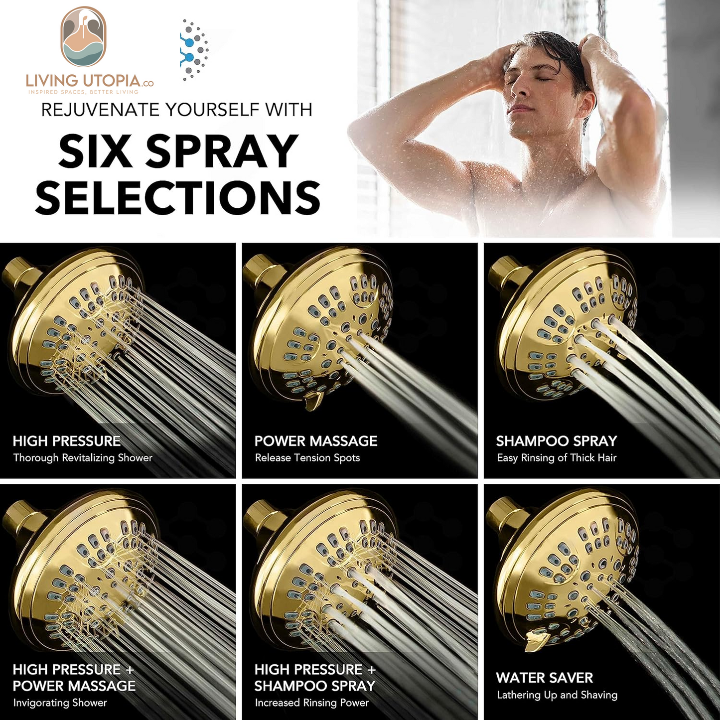 Luxury Spa: Imperialshine Gold Shower Head, 4.5 Inch 6 Spray Adjustable High Pressure Showerhead with 360 Degree Tilt, Experience Comfort and Elegance (Polished Brass/Imperialshine Gold)