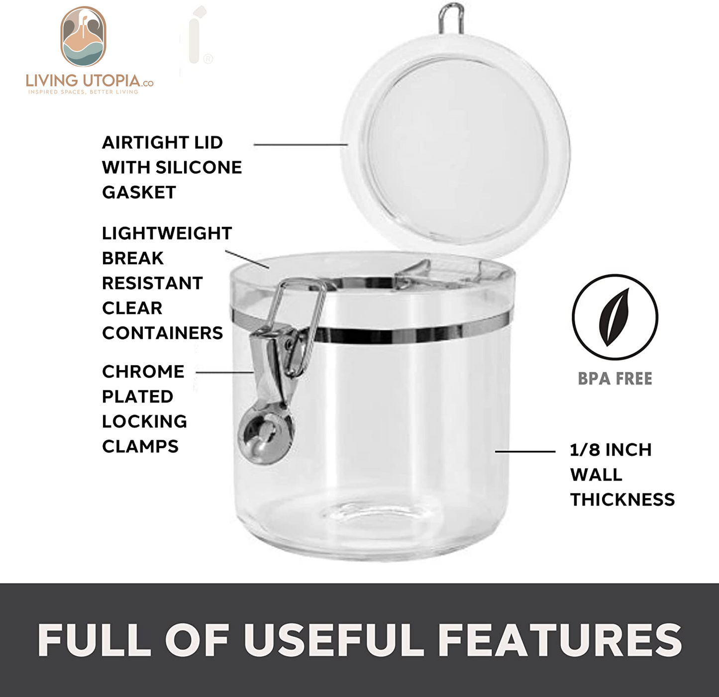 Jumbo Clear Canister with Clamp Lid, 150 Oz - Airtight Food Storage Container, for Kitchen & Pantry Storage of Bulk, Dry Foods Including Pasta, Flour, Sugar, Coffee, Rice, Tea, Spices & Herbs