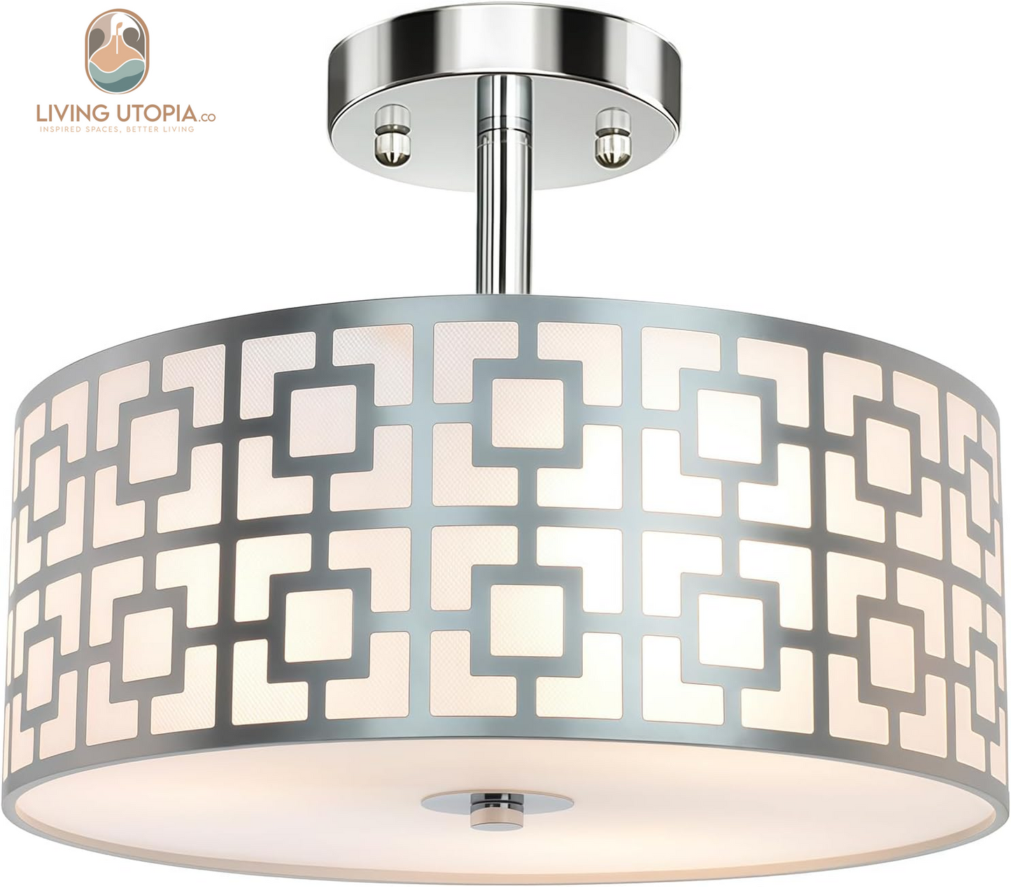 DLLT Flush Mount Ceiling Light: Modern 3-Light Brushed Nickel Kitchen Light Fixture - Drum Lighting Fixture for Dining Room - Silver Bedroom Ceiling Lamp with Double Shade