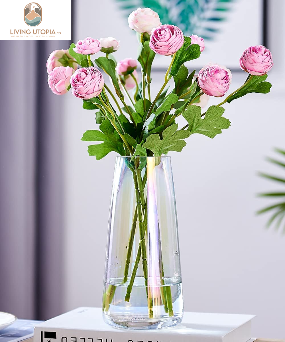 Glass Vase for Flowers Modern Vases Home Decor Unique Flower Vase for Bouquet 8.7" Centerpiece Vase Decor Room,Living Room,Library,Office,Table,Entryway,Modern Farmhouse(Iridescent Clear)