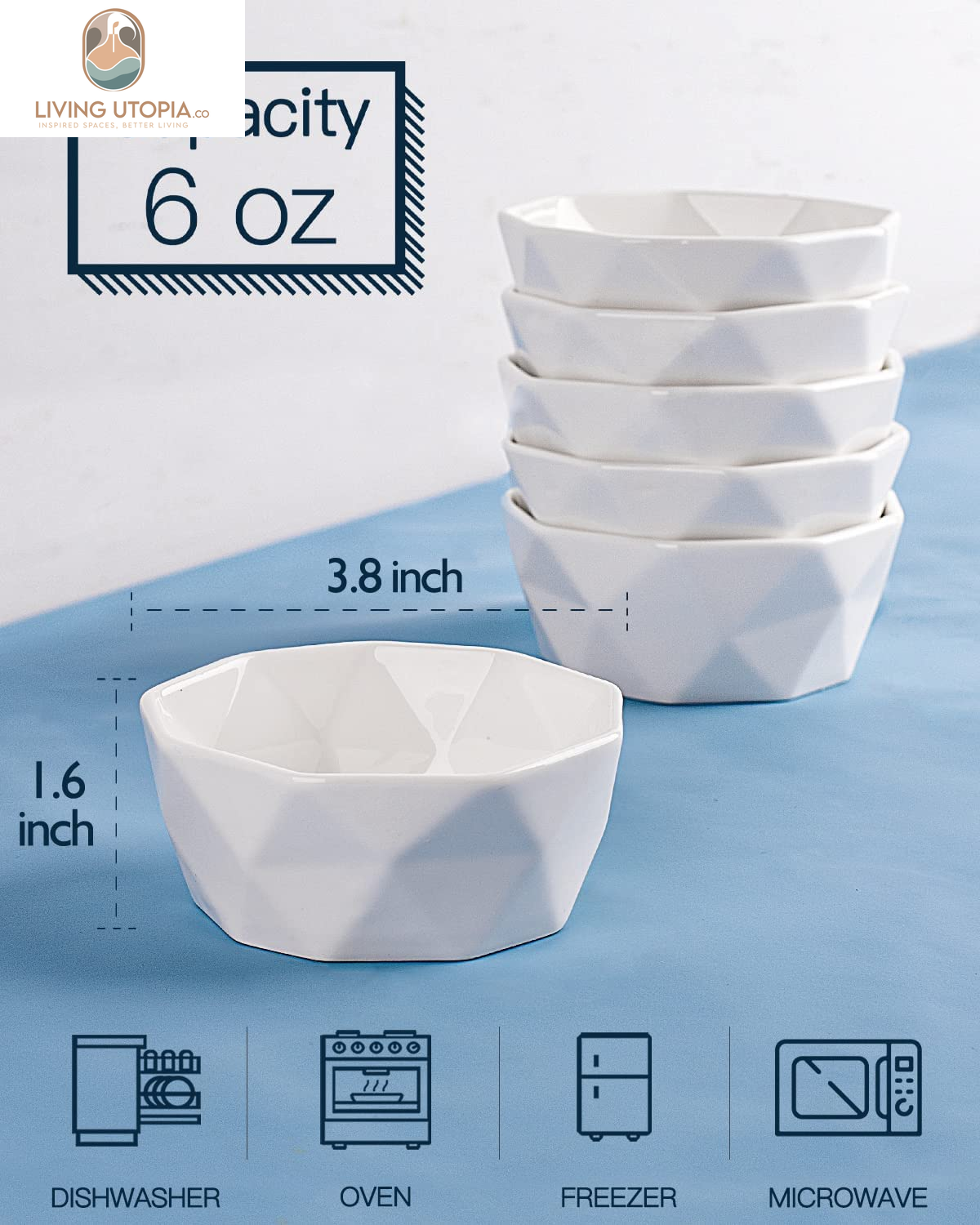 6 Oz Porcelain Ramekins/Dessert Bowls - Geometric Ramekins Souffle Dishes - White Snack/Ramekins/Creme Brulee Dish Set for Baking, Dessert, Ice Cream - Ramekins Oven Safe Set of 6