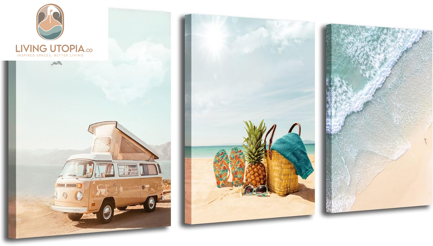Beach Wall Art Canvas Coastal Sea Pictures Bathroom Decor, Modern Turquoise Ocean Landscape Painting Framed Artwork for Bedroom Living Room Dinning Room Home Office Wall Decor, 12"X16"X3 Panels