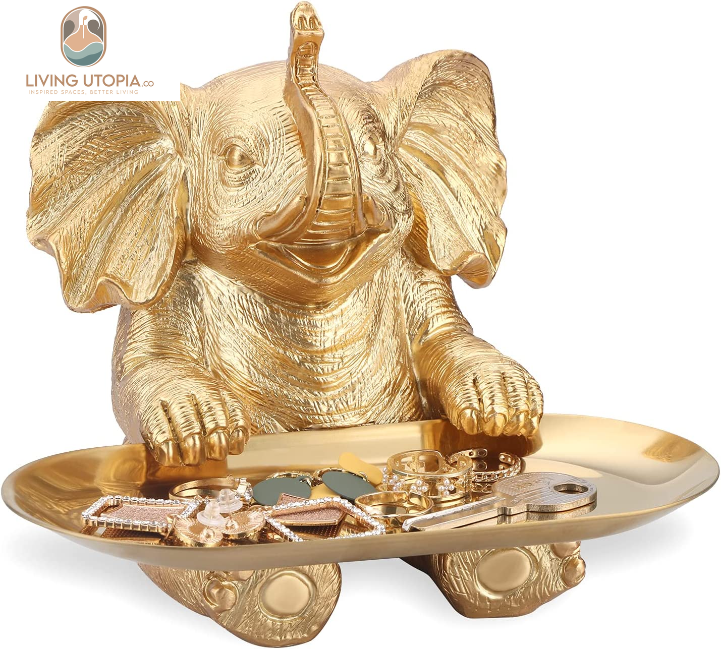 Gold Elephant Statue for Home Decor Accents Living Room Bookshelf TV Stand Office. Trinket Dish. Retirement Appreciation Gift -Gift for Mom Boss Co-Workers, Teachers, Nurse, Friends, Wife, Sister