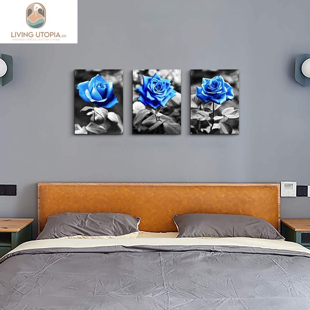 Bedroom Wall Art for Living Room Bathroom Wall Decor for Kitchen Family Pictures Artwork Black and White Blue Rose Flowers Canvas Paintings 12" X 16" 3 Pieces Framed Modern Office Home Decorations