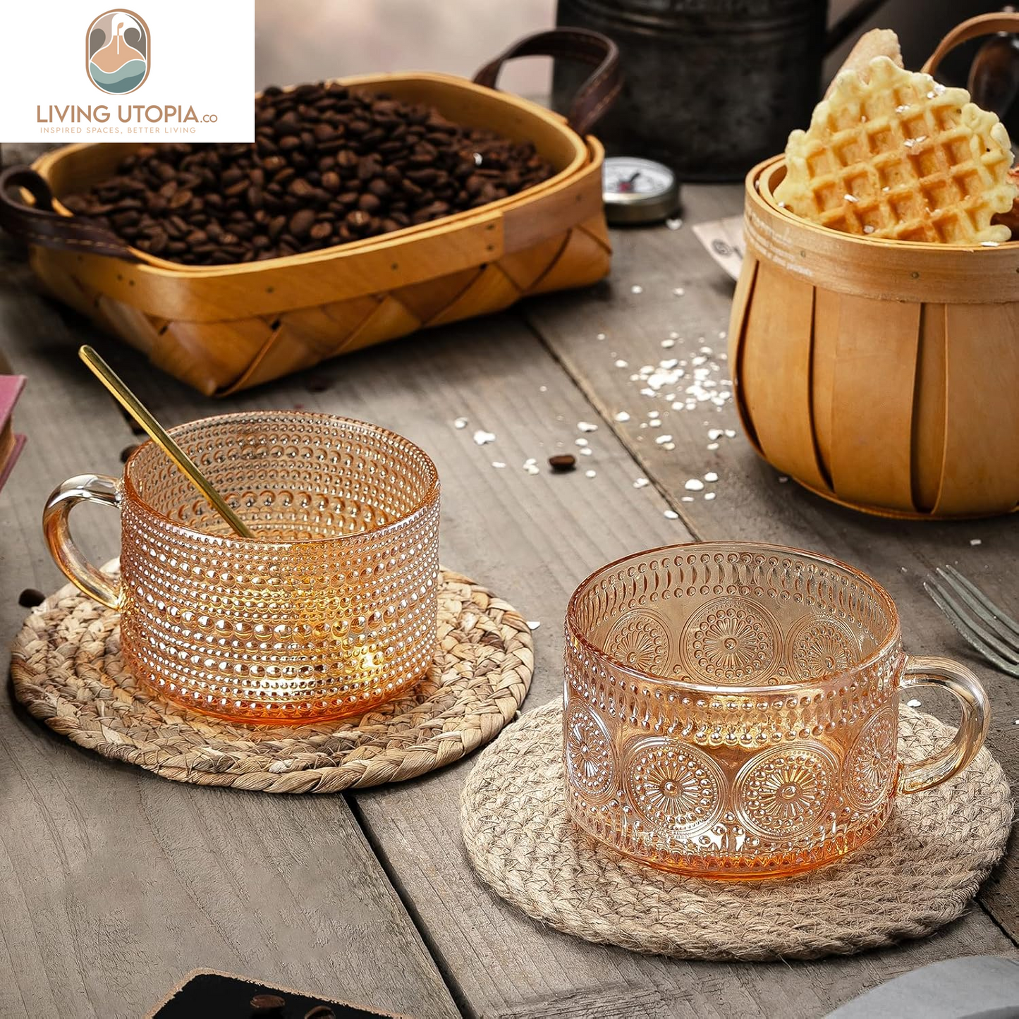 Vintage Coffee Mugs 14 Oz Set of 2 Amber Embossed Glass Tea Cups for Cappccino, Latte,Cereal, Yogurt, Beverage Christmas Thanksgiving Day Gifts