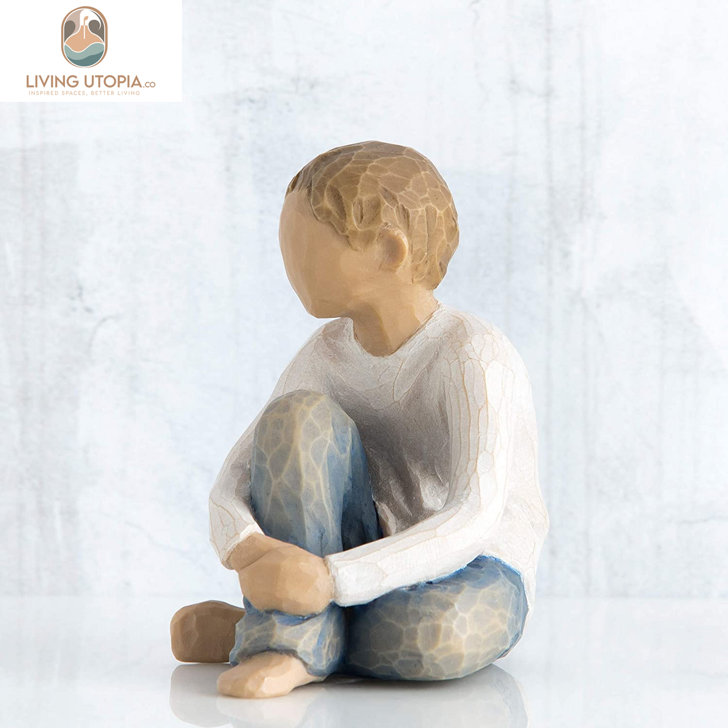 Caring Child, Nurtured by Your Loving Care, Seated Boy Figure in Blue Jeans, Works Well in Groupings That Reflect Family Relationships, Sculpted Hand-Painted Figure