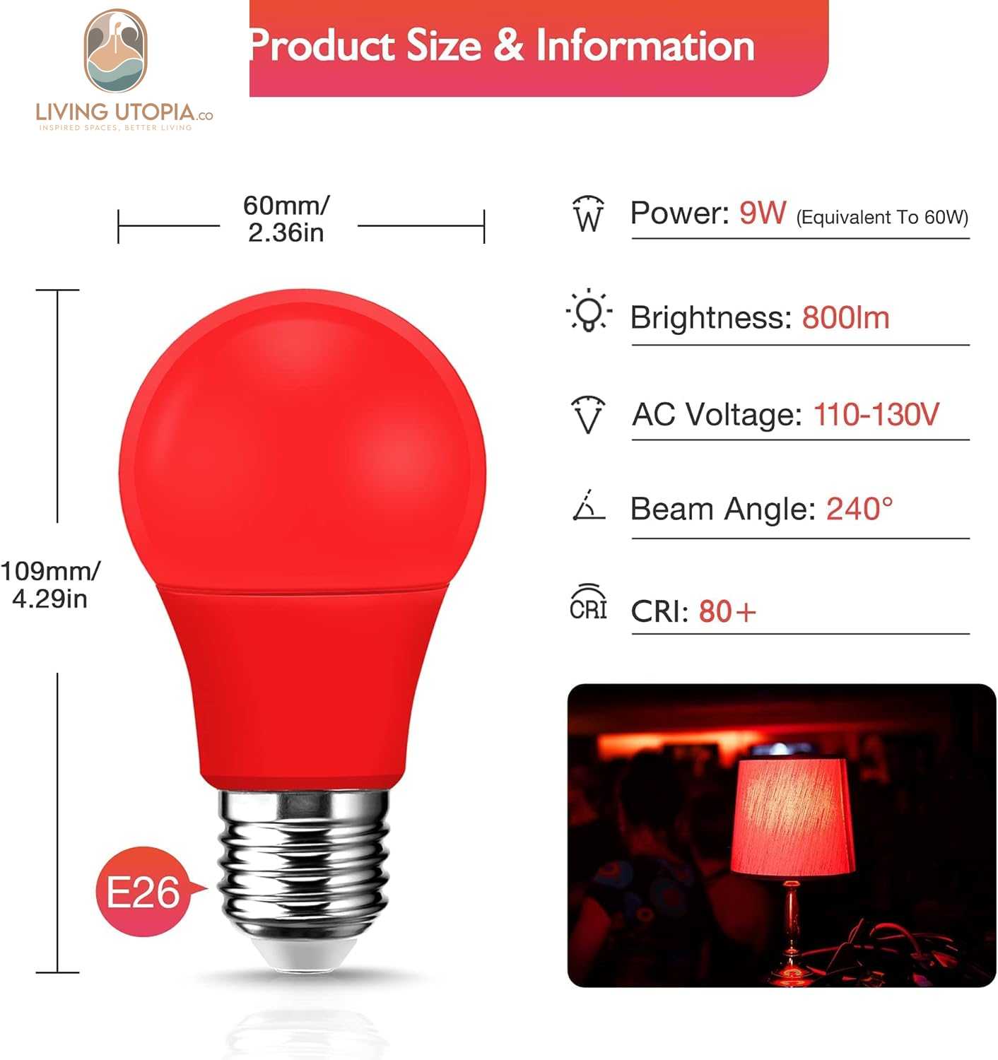 LED Red Light Bulb 60W Equivalent, A19 LED E26 Base Red Color Light Bulbs, 9W Red LED Bulb for Halloween, Christmas Decoration, Party, Bars, Porch Lights, Holiday Mood Lighting, Pack of 2