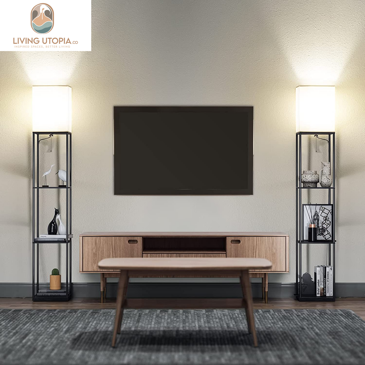 Floor Lamp with Shelves, Modern Square Standing Lamp with 3 Color Temperature Bulb, Corner Display Bookshelf Lamp for Living Room and Bedroom(Black)