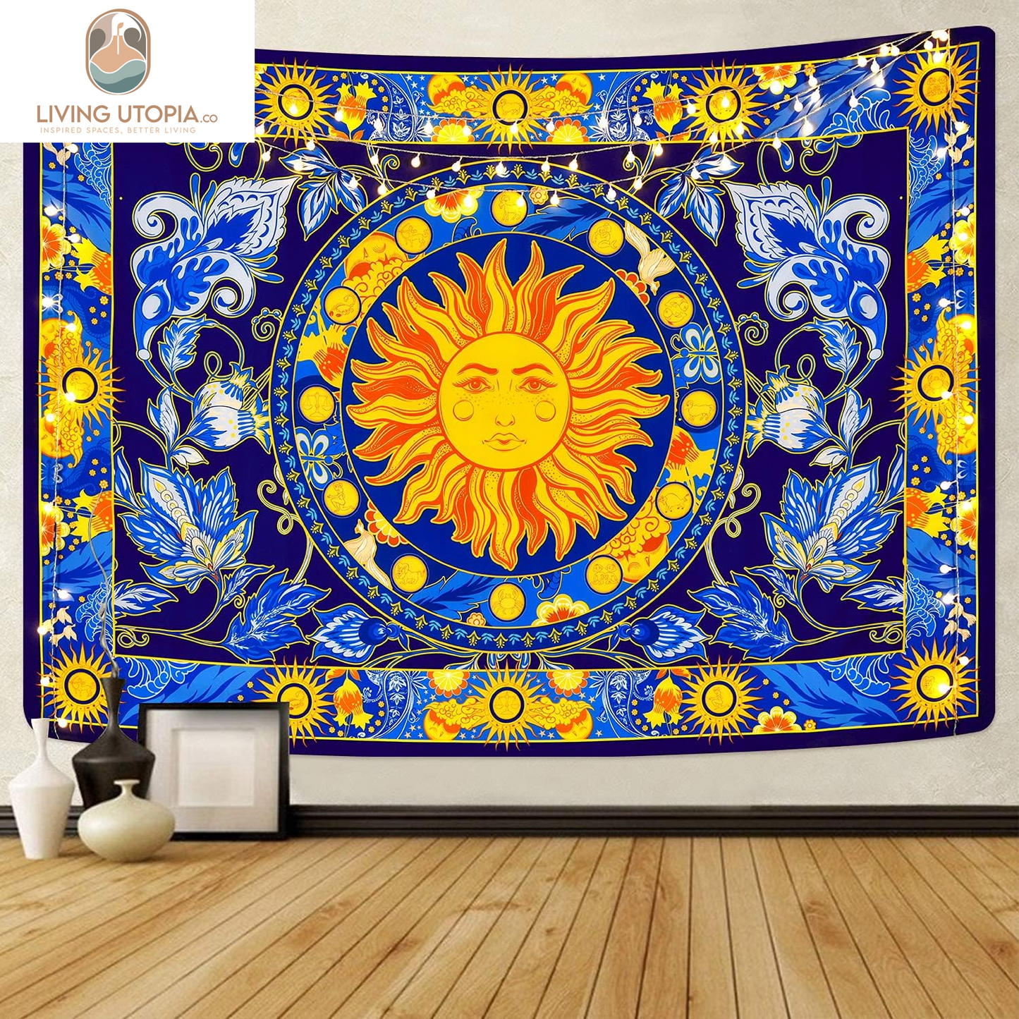 Burning Sun Tapestry Flower Vines Tapestries Vintage Floral Tapestry Mystic Tapestry Hippie Tapestry Wall Hanging for Room(Blue, 51.2 X 59.1 Inches)