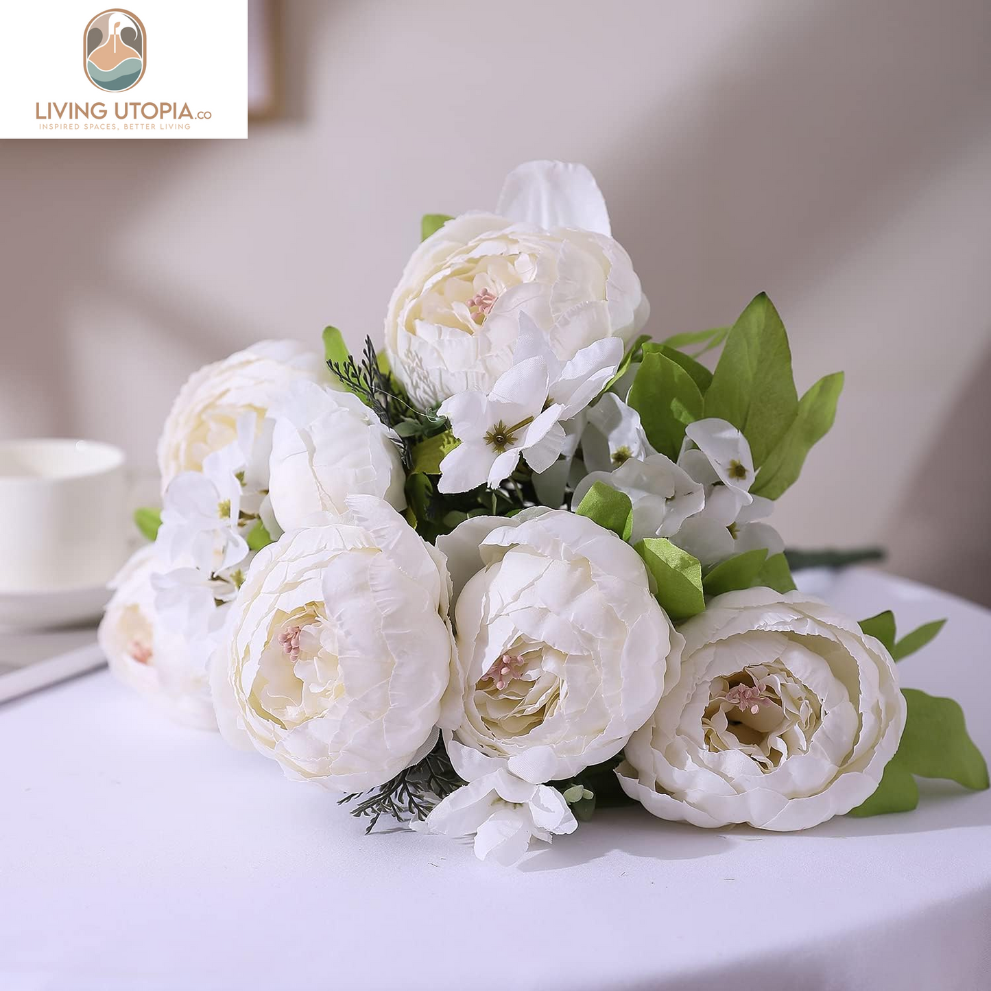 Artificial Peony Silk Flowers Fake Flowers Vintage Wedding Home Decoration,Pack of 1 (Spring Milk White)