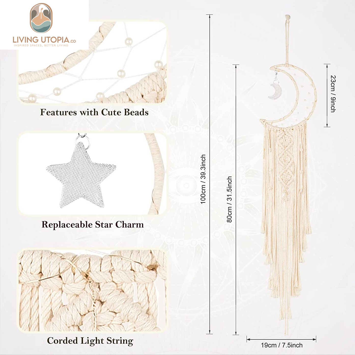 Boho Macrame Woven Wall Hanging, Crochet Crescent Moon Star Dream Catcher with Long Tassel- White Cotton Handmade Bohemian Home Decor Decoration Art Craft for Kids Bedroom Dorm Room