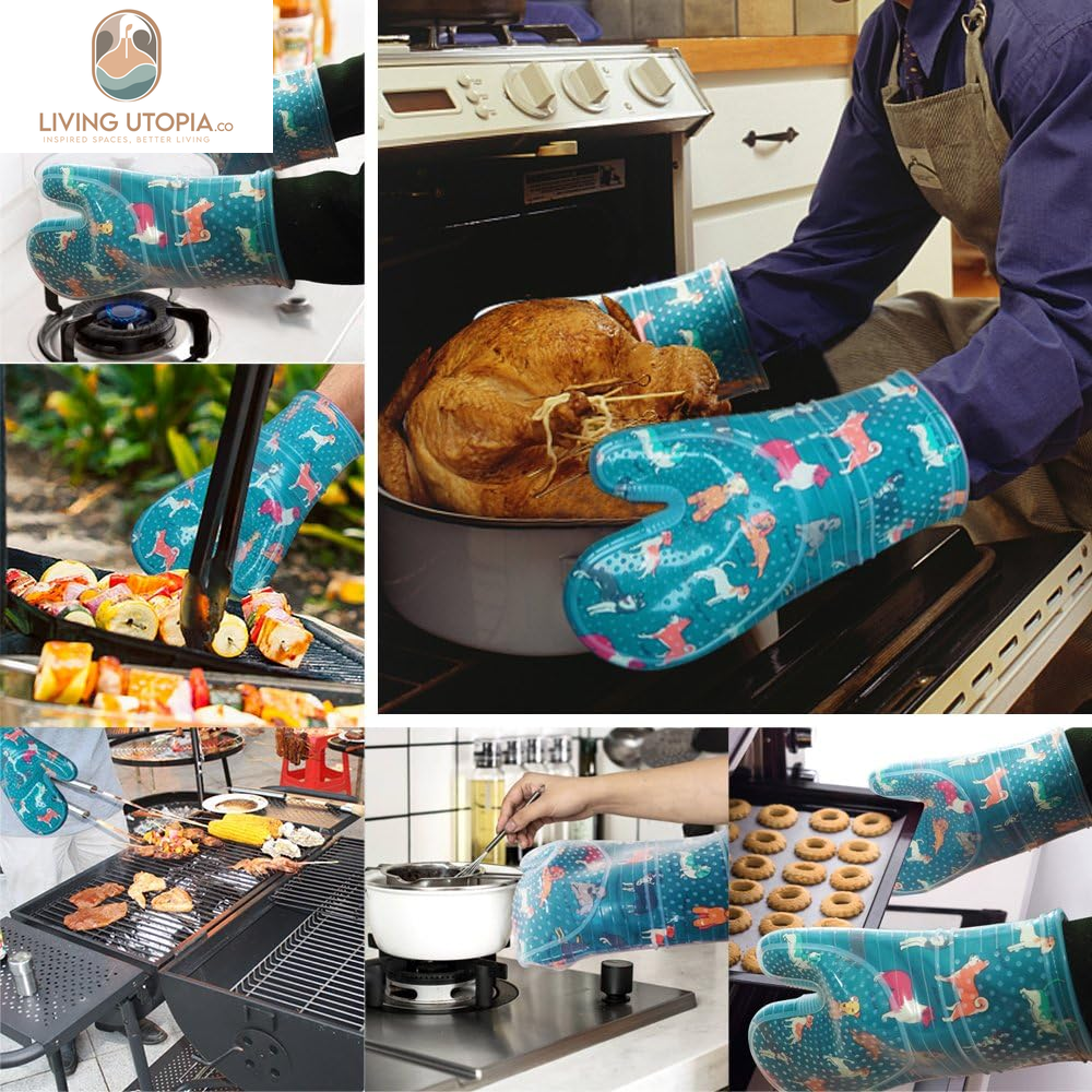 Oven Mitts Set of 2 with Transparent Clear Silicone Shell and Nice Dog Printing Cotton Lining, Heat Resistant to 500 F Kitchen Oven Gloves Pot Holder for Cooking (Blue)