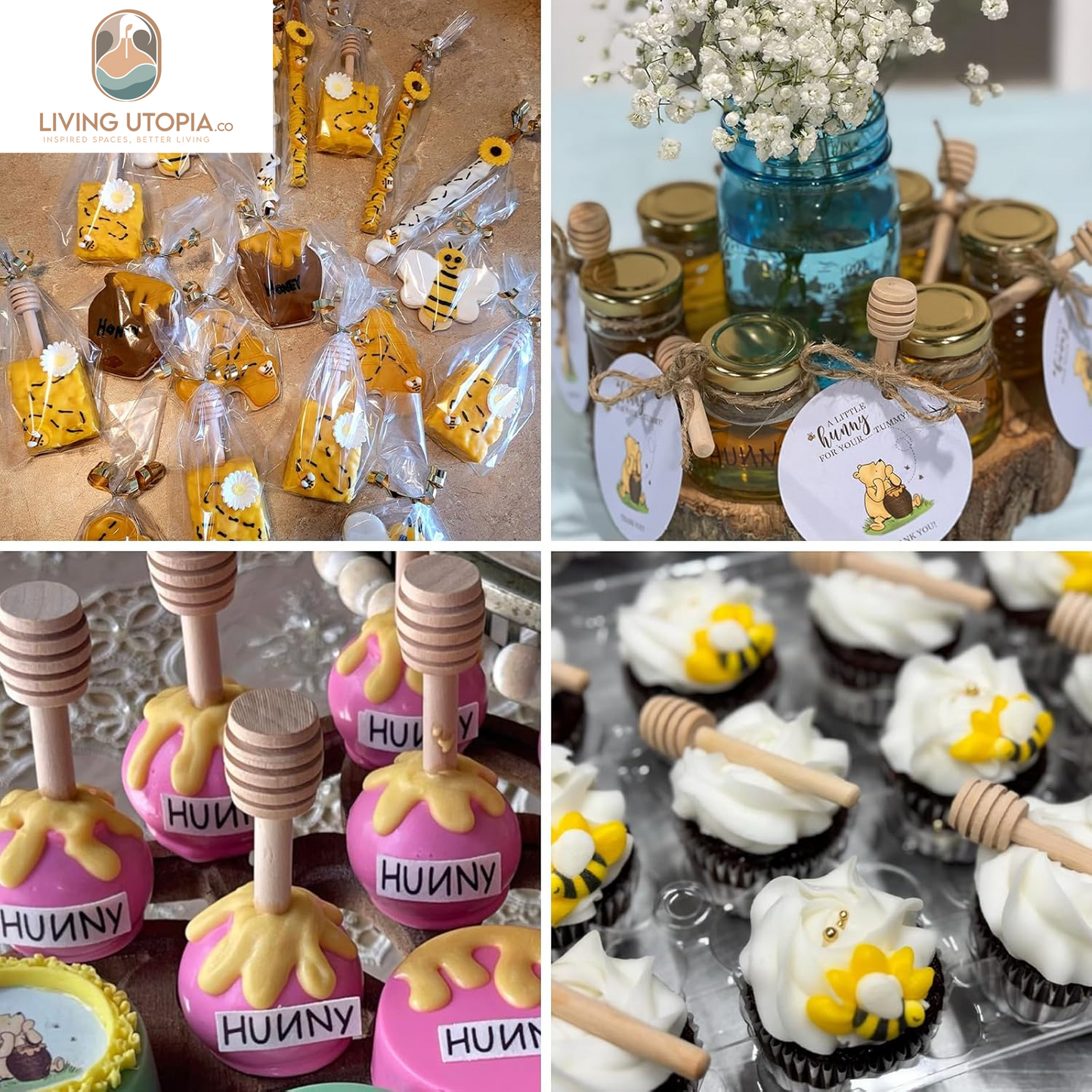 20PCS Wooden Honey Dipper Sticks, 3 Inch Honeycomb, Mini Honey Spoon Wand for Jar and Dispenser, Top off Cupcake, Themed Baby Shower, Bridal Party Favors