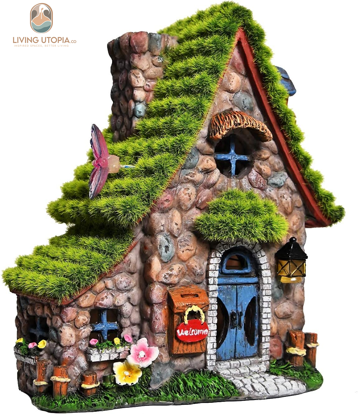 Resin Fairy House Statues with Solar Powered Lights, Funny Garden Sculptures with Flocked and Cobblestone Decor, Exquisite Garden Cottage Figurines