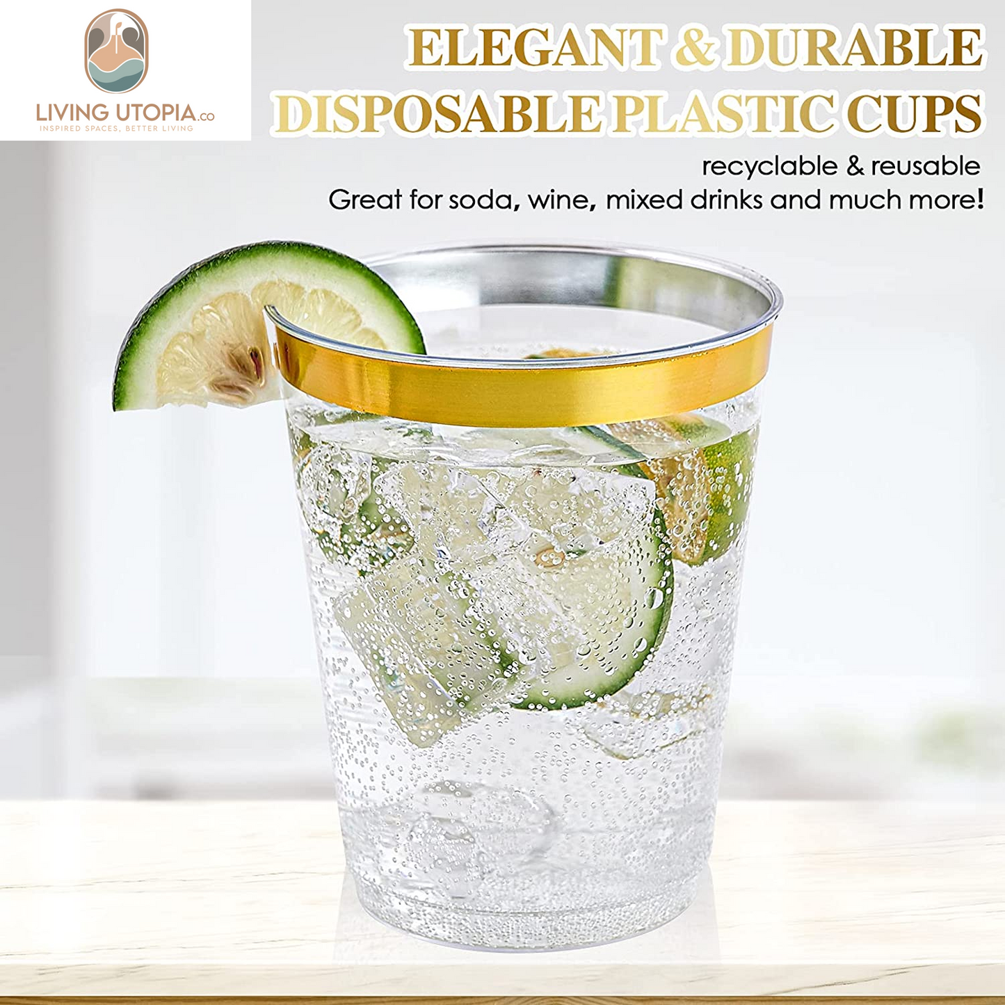 10 Oz Gold Plastic Cups, Disposable Clear Fancy Hard Plastic Cups, Gold Rimmed, Heavy Duty, Reusable,100 Count