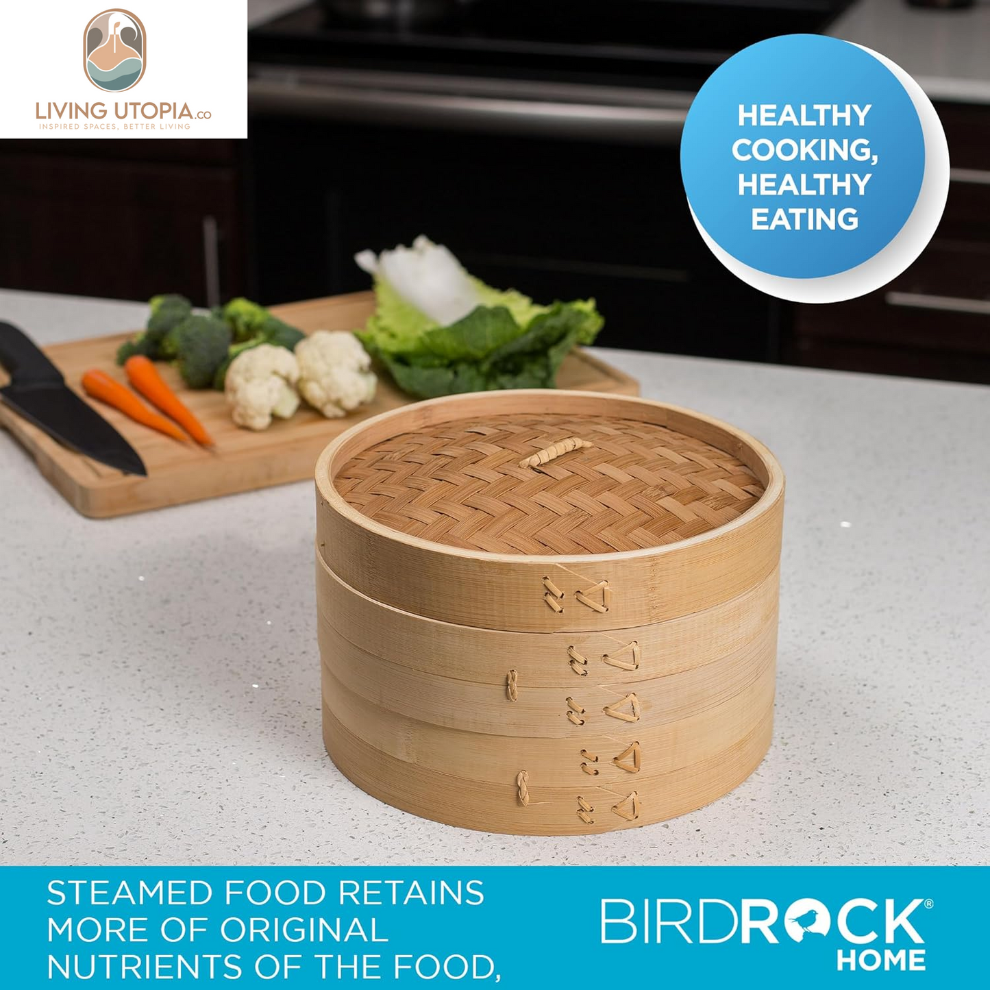 10-Inch Bamboo Steamer - Classic 2 Tier Design for Steaming Veggies, Dumplings, Dim Sum, Chicken, Fish, & Asian Food - Natural Eco-Friendly Steaming Basket, Ideal for Healthy Cooking